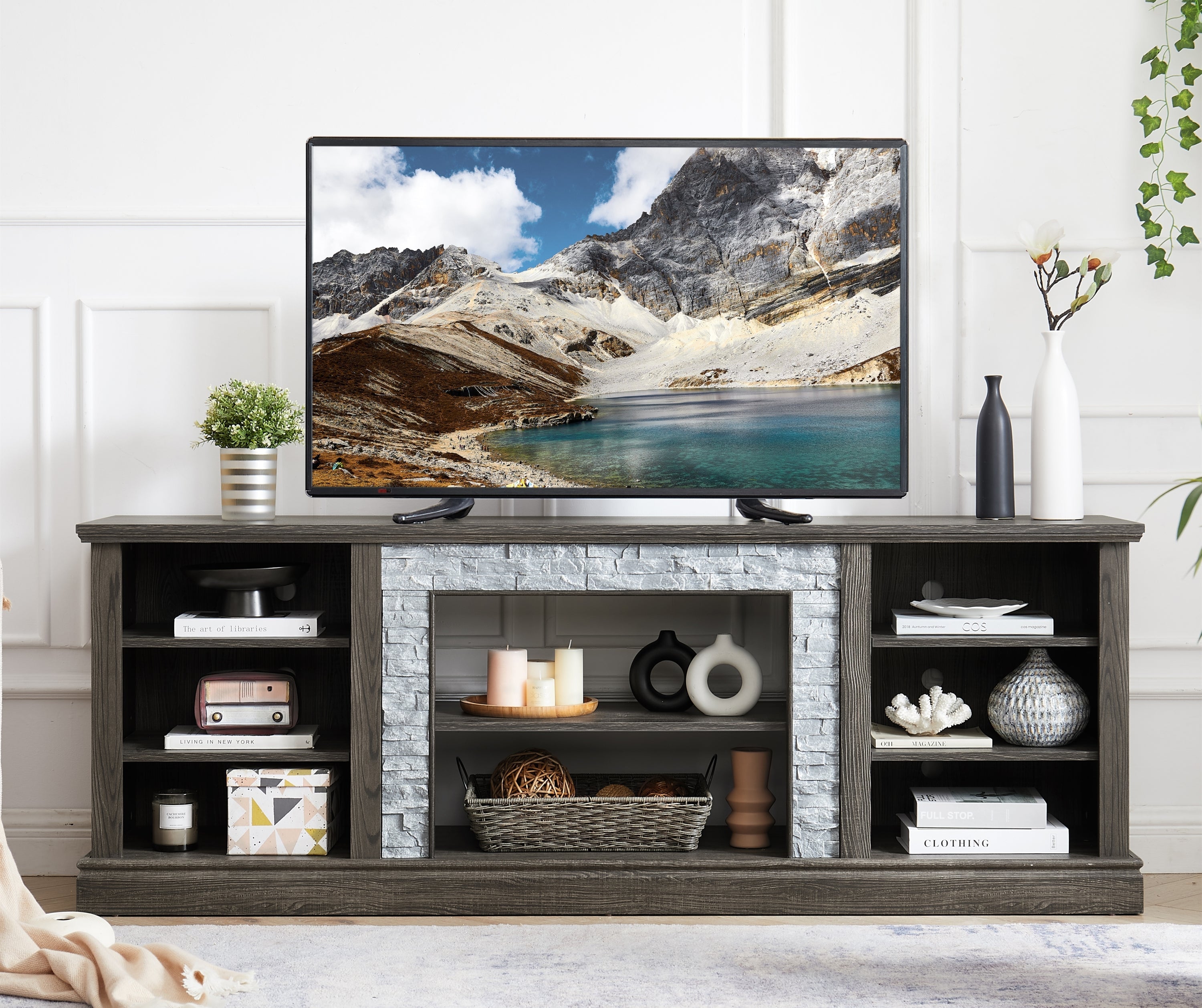 Large TV Stand TV Desk Storage Rack with Faux Stacked Stone Surround,Media Console Table with Large Storage Cabinet,Modern TV Media Entertaionment Stand,GREY, 70.12'W*15.35'D*25.83'H