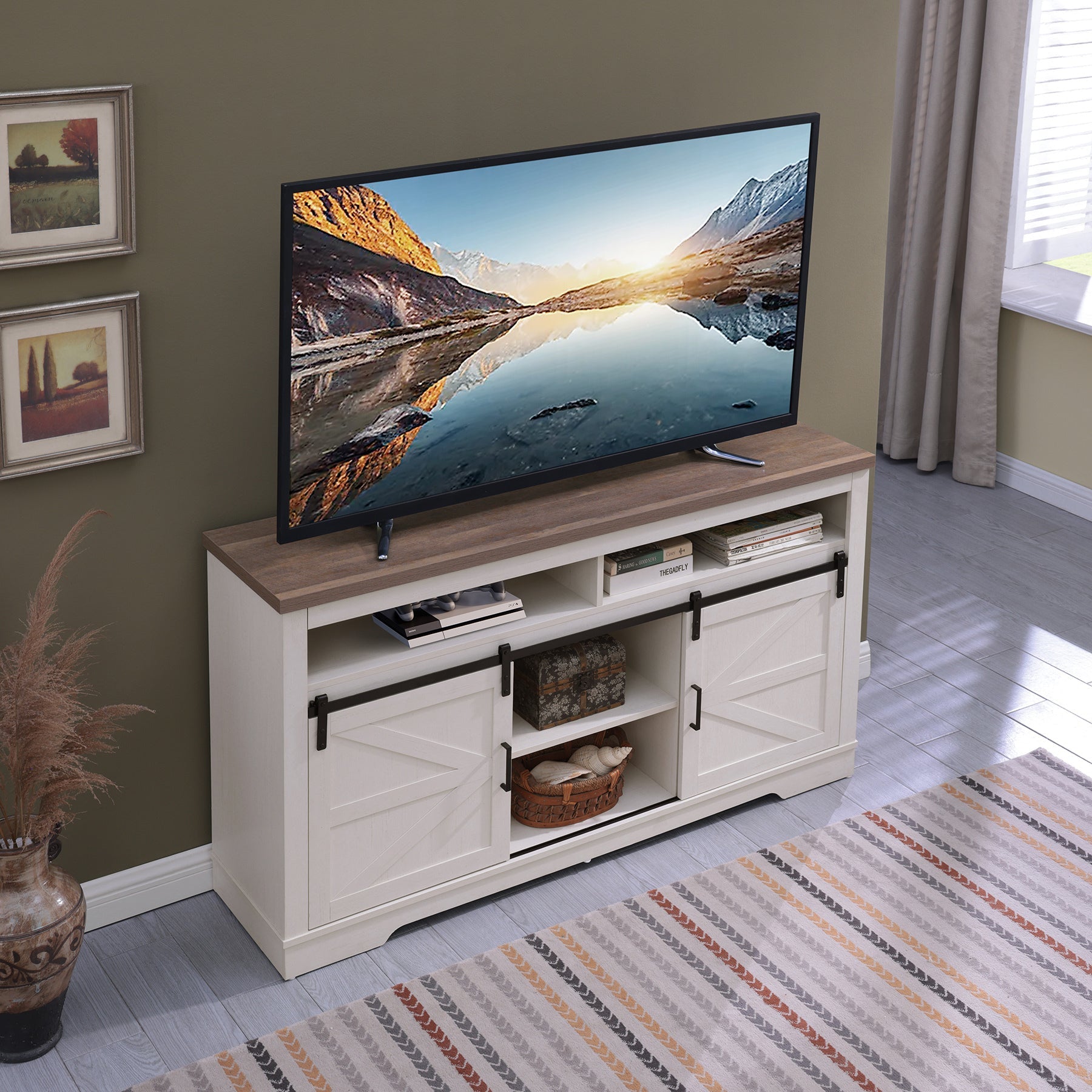 Farmhouse TV Stand for 65+ Inch TV, 33' Tall Highboy Entertainment Center w/Sliding Barn Door, Rustic Media Console w/Storage Shelves, Wood Television Stand for Living Room, Antique White