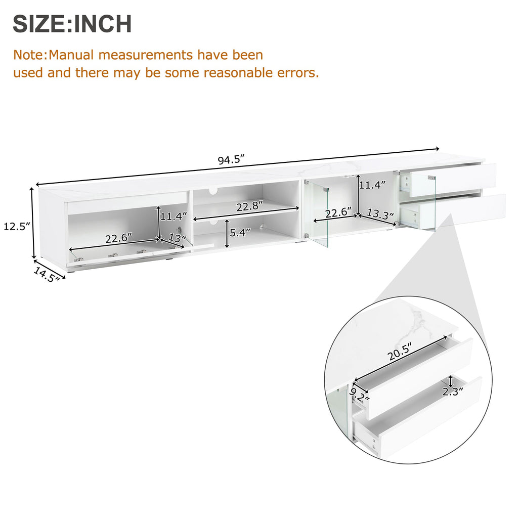 ON-TREND Modern APP Controlled LED TV Stand for TVs Up to 105'', Faux Marble Tabletop Media Console with Tempered Glass Doors, Entertainment Center with 2 Drawers & Cabinets for Living Room, White