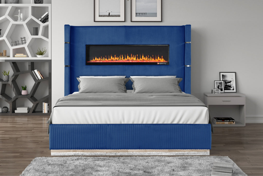 Modern Style Upholstery King 5 Piece(Includes: King Size Bed, Nightstand, Chest of Drawers, Dresser, and Mirror) Fireplace Bedroom Set made with wood in Blue