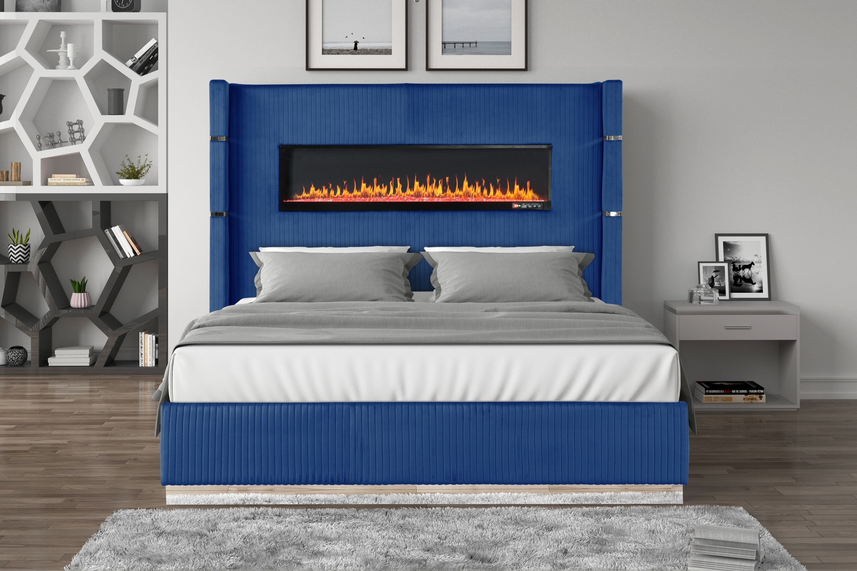 Modern Style Upholstery King 5 Piece(Includes: King Size Bed, Nightstand, Chest of Drawers, Dresser, and Mirror) Fireplace Bedroom Set made with wood in Blue