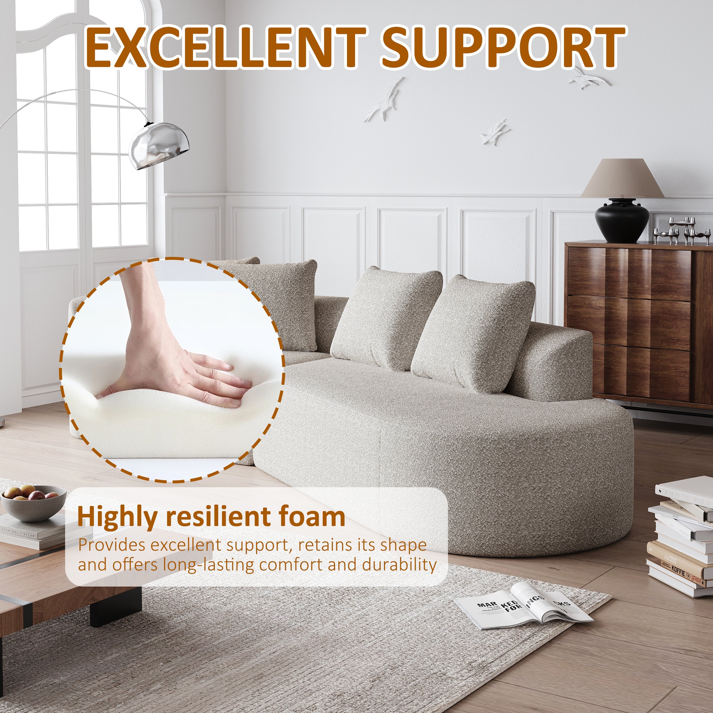 Modern Upholstered Oversized Sectional Sofa, 112-Inch Chenille 4-Seater Extra Deep & Wide Seat Curved Cloud Couch with 4 Throw Pillows, Free Combination Sofa Couch for Living Room,Bedroom