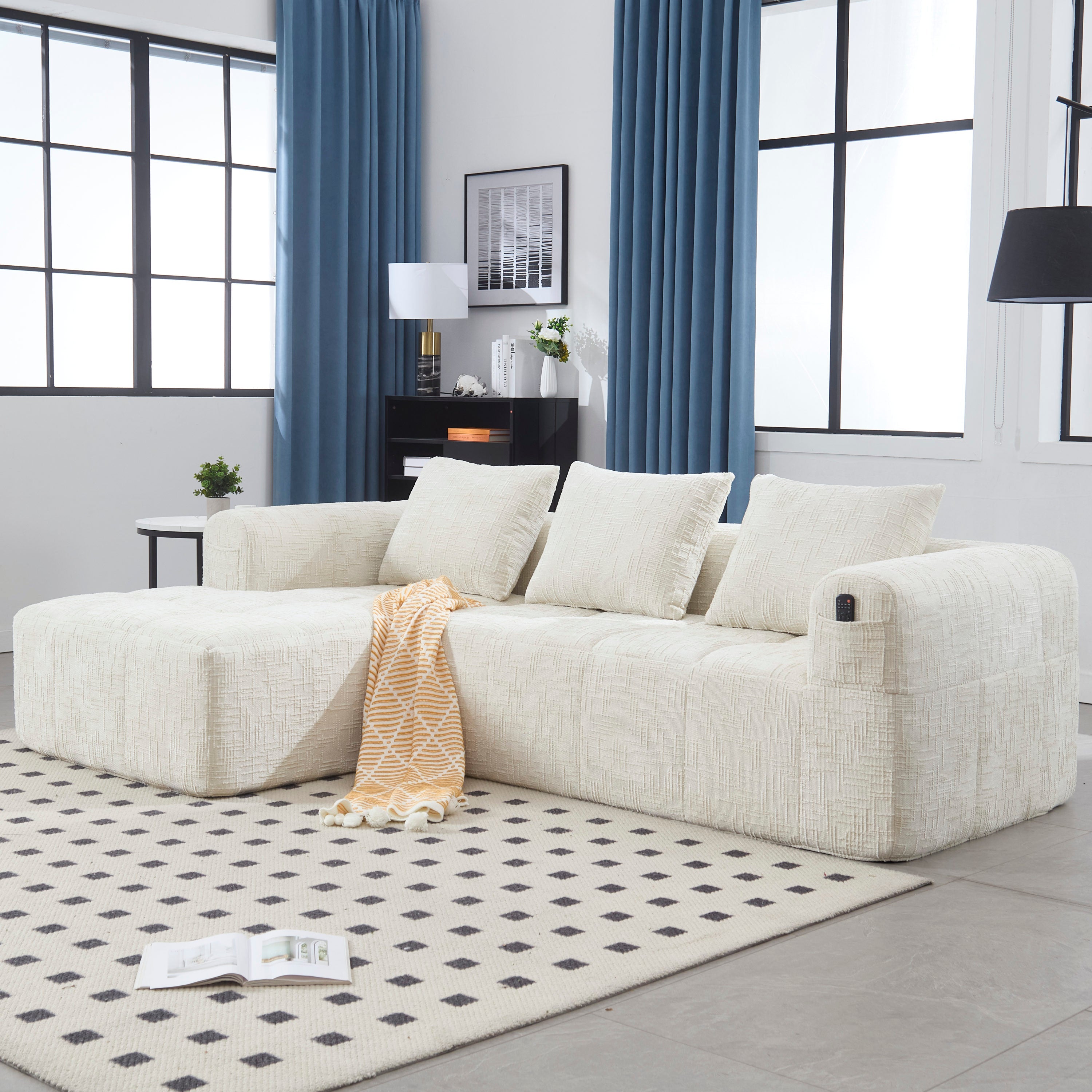 UNITED WE WIN 98.42-inch modular sectional sofa, modern modular L-shaped sofa with chaise longue, equipped with small side pockets and free of compression during installation.