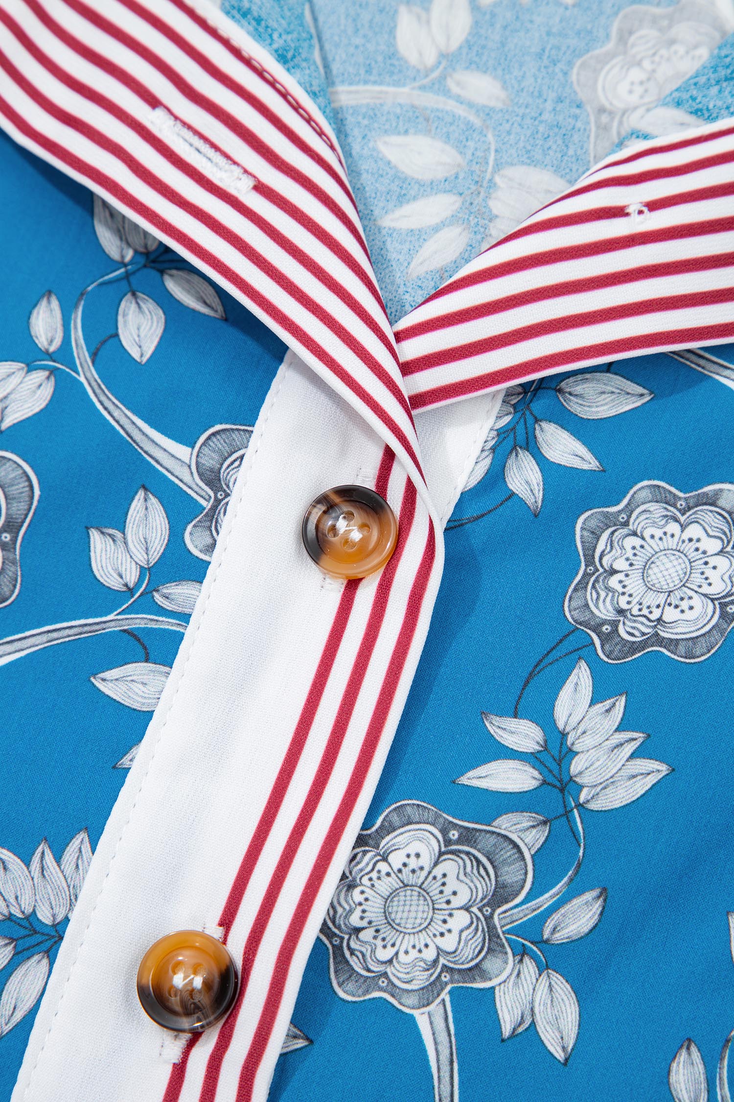 Floral Stripe Trim Button Neck Short Sleeve Blouse