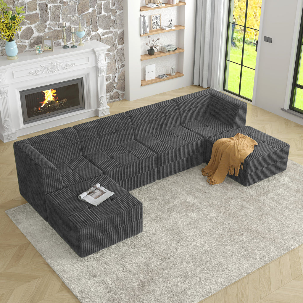 U shape Modular Sectional Sofa, Compressed Sectional Sofa Modern Minimalist Style Corduroy Couch, Sleeper Sofa for Living Room, Bedroom, Comfy Compressed Sofa Couch Space-Efficient Design-GREY