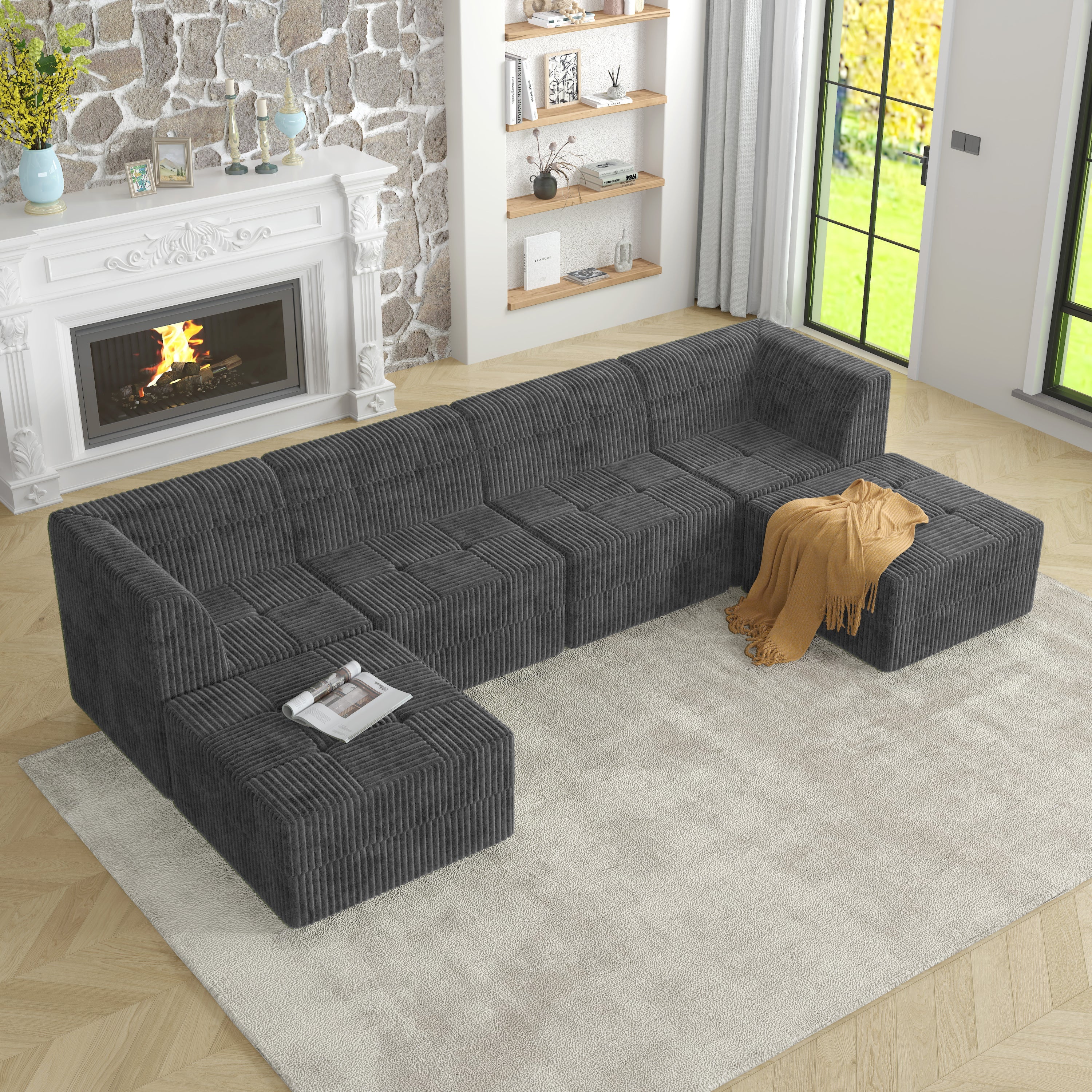 U shape Modular Sectional Sofa, Compressed Sectional Sofa Modern Minimalist Style Corduroy Couch, Sleeper Sofa for Living Room, Bedroom, Comfy Compressed Sofa Couch Space-Efficient Design-GREY