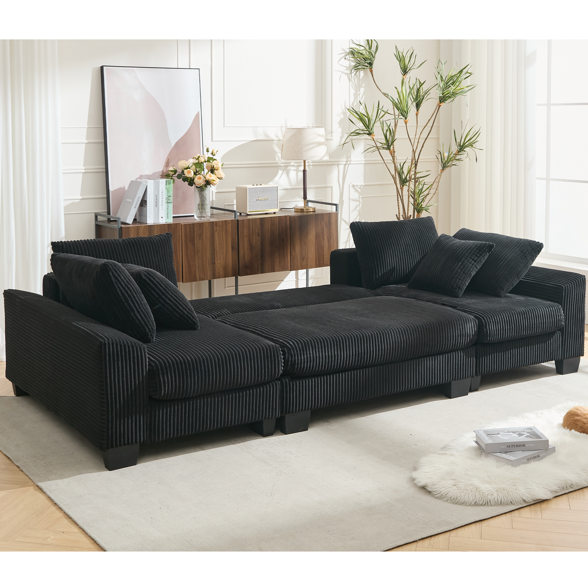 [NEW ARRIVED] [VIDEO PROVIDED]   114' Sleeper Sofa,U Shaped Sofa , Pull Out Bed,Convertible Oversize 2 in 1 Sleeper Sofa, Living Room,Upholstery Sofa Bed,Adjustable Sleeper Sofa,Corduroy,Black