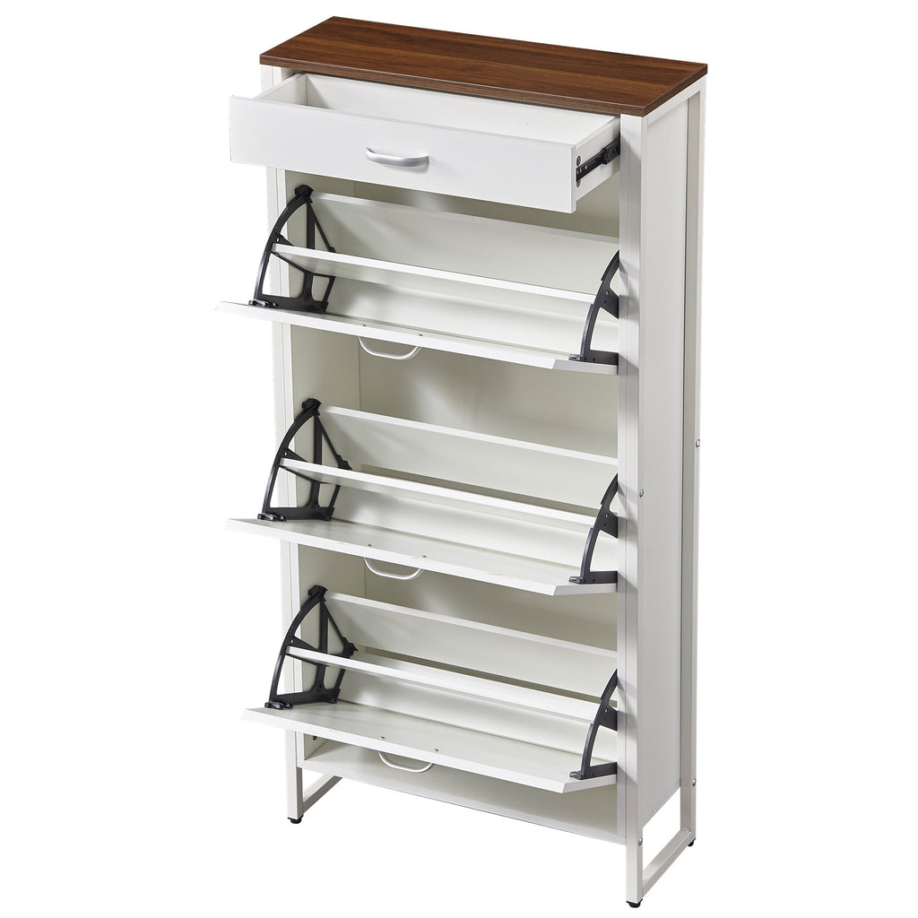 Shoe Storage Cabinet with 3 Flip Drawers&1 Drawer, Slim Freestanding Storage Racks for Entryway, Hallway, Hidden Narrow Shoe Organizers Perfect for Heels, Boots, Slippers, white/Walnut