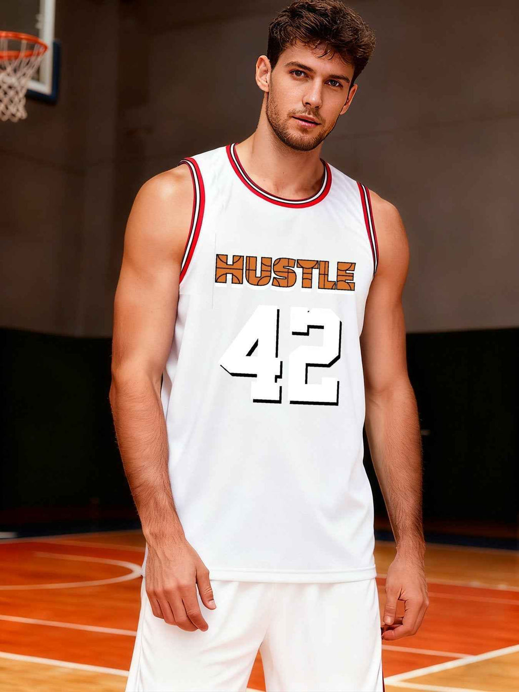 Hustle 42 Adult White with Red Trim Basketball Jersey | Ships From USA