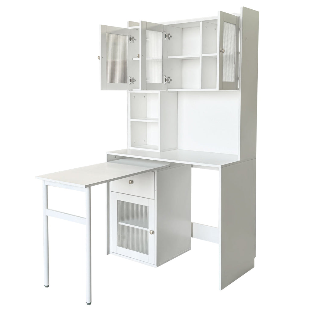 Computer Desk with glass door for Home Office or Study desk,  Bookshelf & Hutch, Computer Desk with 90 Degree Rotating Desktop,Large Working Space