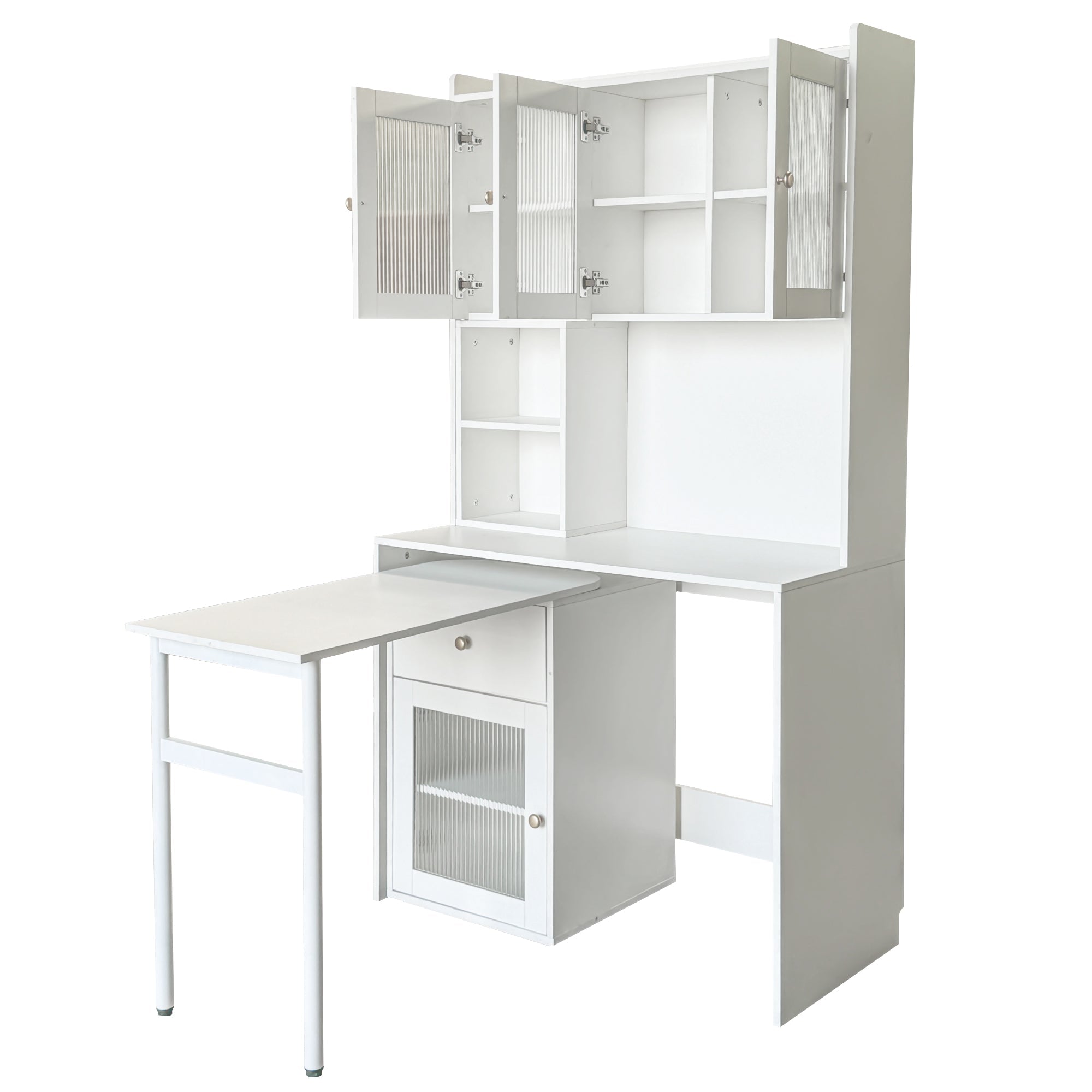 Computer Desk with glass door for Home Office or Study desk,  Bookshelf & Hutch, Computer Desk with 90 Degree Rotating Desktop,Large Working Space