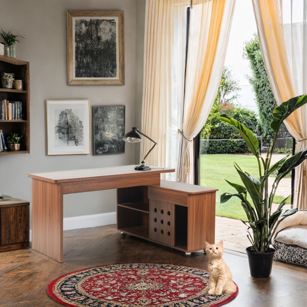 55.1''L, Walnut Home Office L-Shaped Executive Desk , Height Adjustable Desk with Storage Drawers and Cabinet