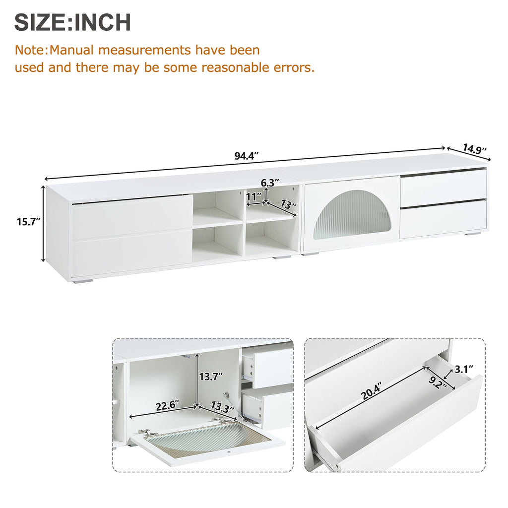 ON-TREND Modern TV Stand with Fluted Glass Door for TVs Up to 100', Media Console with Sliding Door & 2 Drawers, Free-Combination Entertainment Center with LED Light for Living Room, Bedroom, White