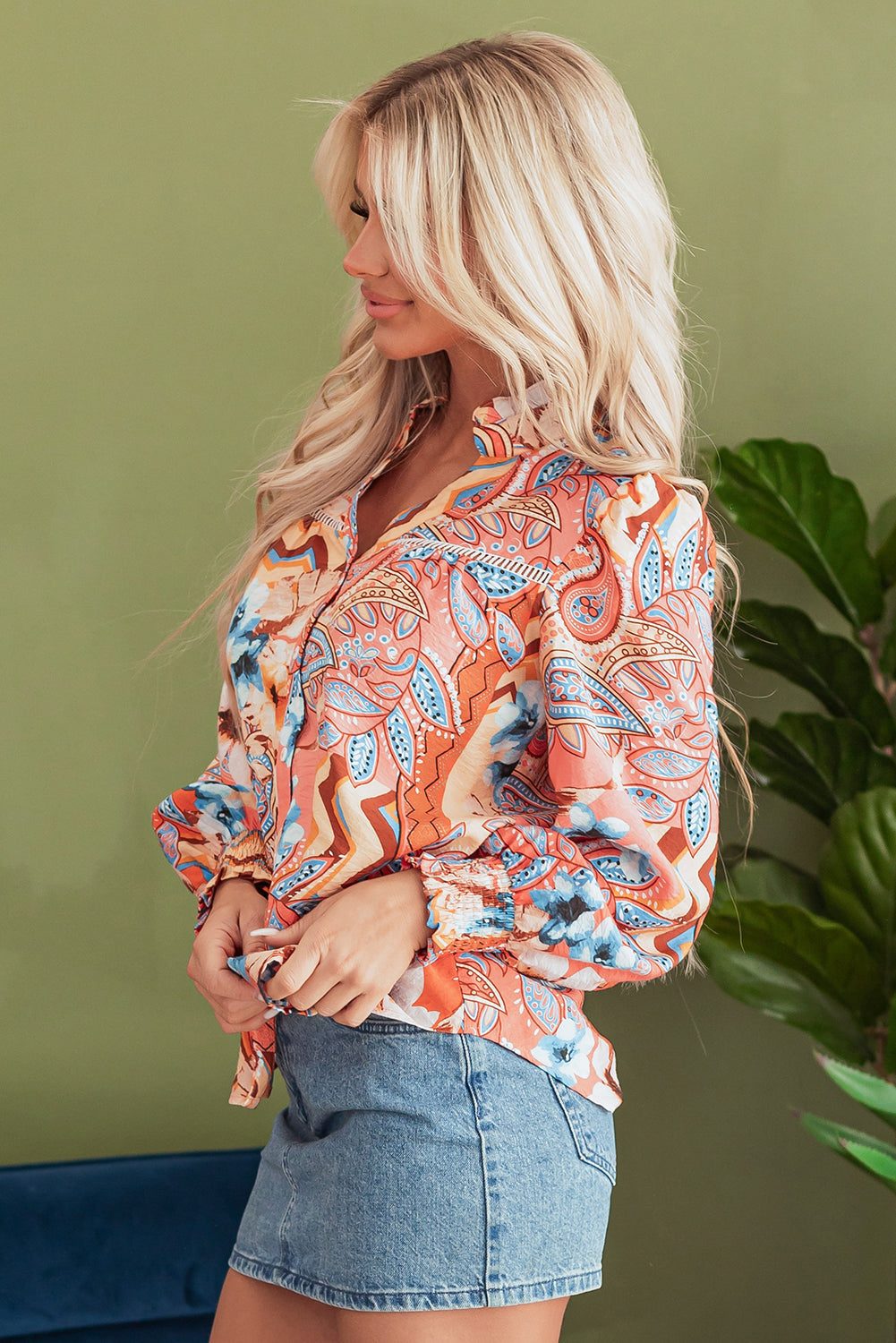 Floral Button-Up Shirred Cuff Shirt