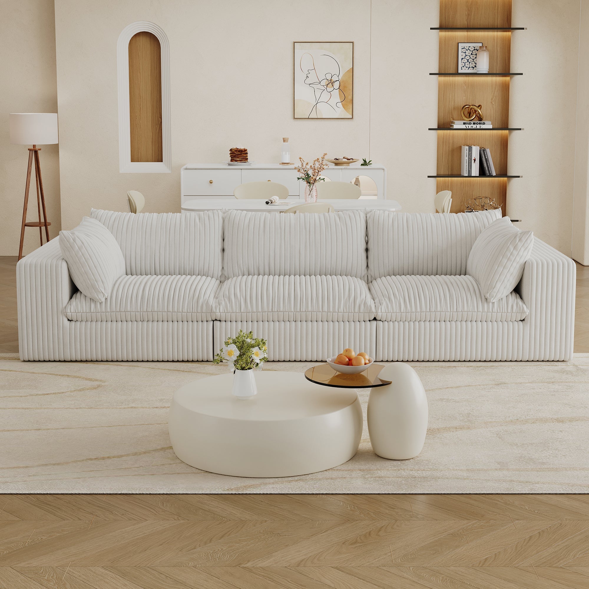 118.2' Cloud Sofa,Corduroy Fabric,Deep Seat Couches,Double-layer design,Removable  Cushion,No Assembly, DIY Combination for Living room, Bedroom,Conference room ,Apartment,White