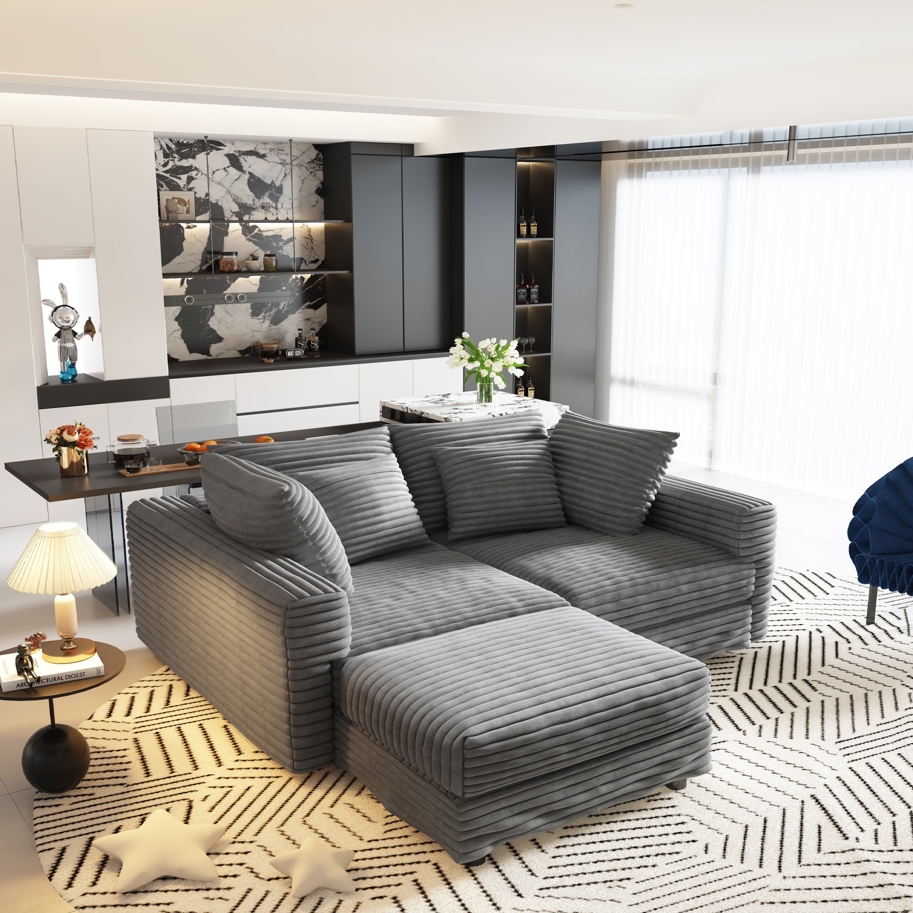 104.3 ' Plush Corduroy 4-Seat Sofa, Modern Comfy Upholstered Sofa Cloud Couch, Deep Seat Couches with Soft Pillows and 2 Ottomans, Convertible Sofa Lounge Chair, for Living Room,Apartment,Office,Grey