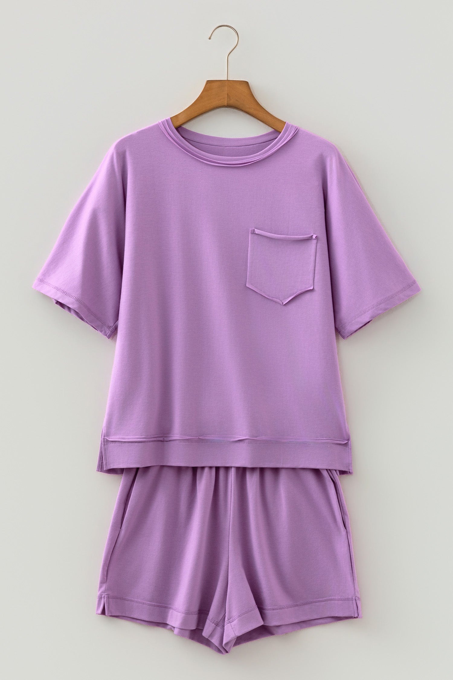 Oversized Raw Edge Patch Pocket Top & Shorts Set