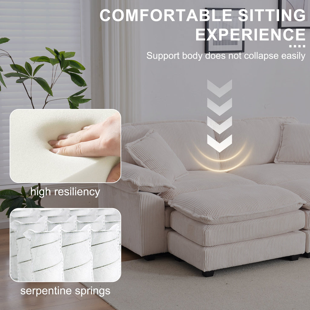 Corduroy 2-seats sofa With 2 back pillows,2 toss pillows and two ottoman,Comfy Sofa- Deep Seat Couch for Living Room,White