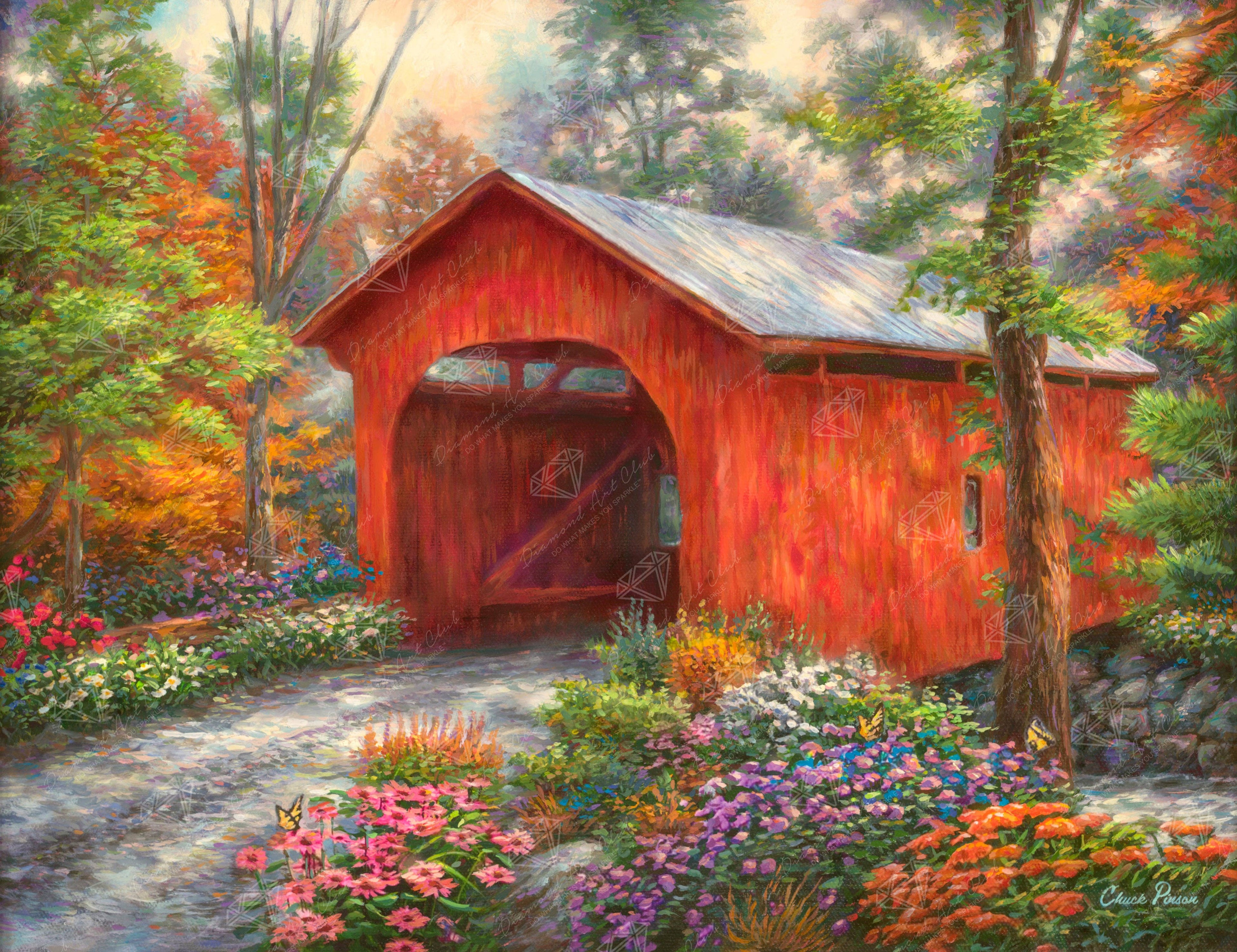 Diamond Art Club – Red Covered Bridge Diamond Painting (Round Drill, 17" x 13")