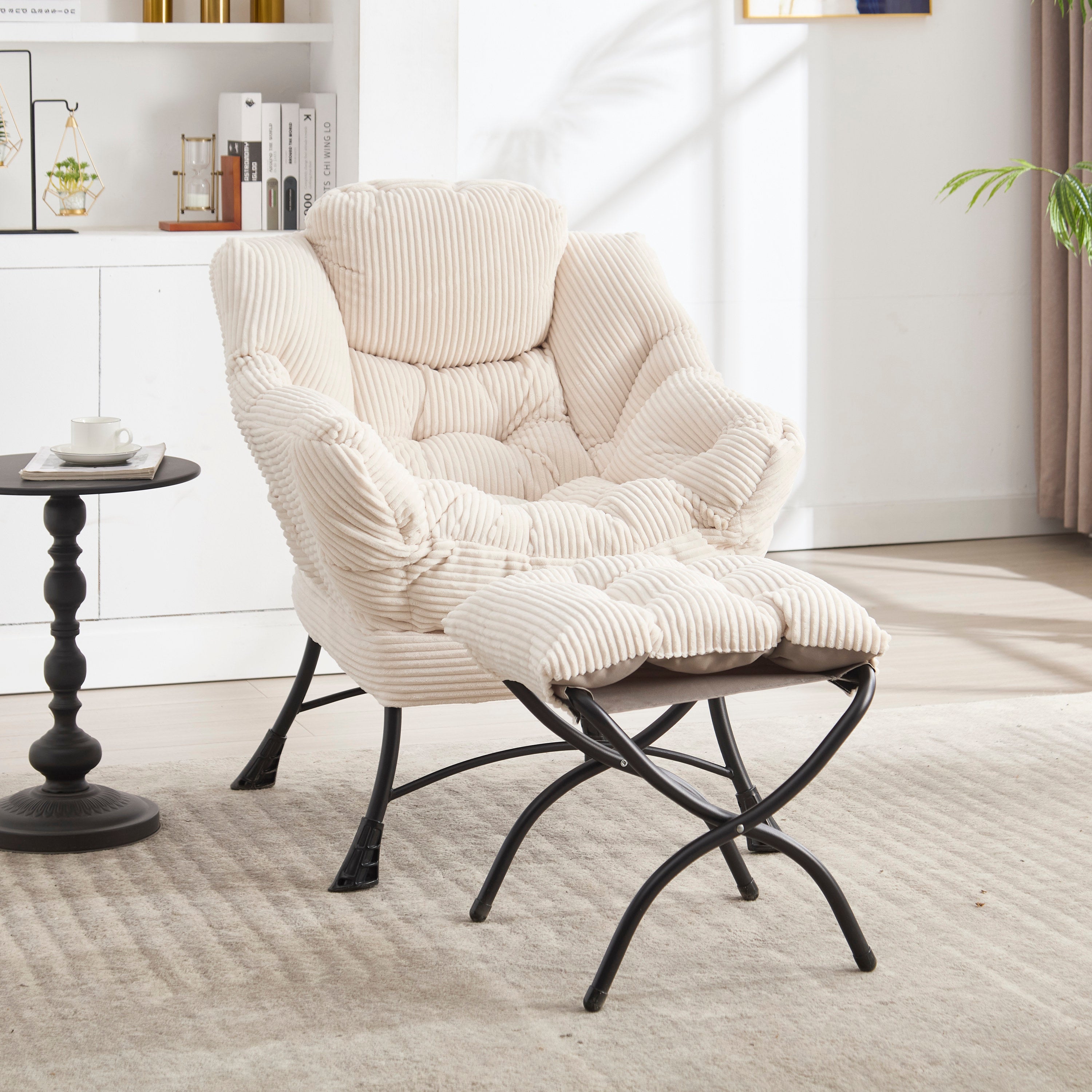 Lazy Chair with Ottoman, Modern Lounge Accent Chair with Armrests and a Side Pocket, Leisure Upholstered Sofa Chair Reading Chair with Footrest for Small Space, Corner Chair-White
