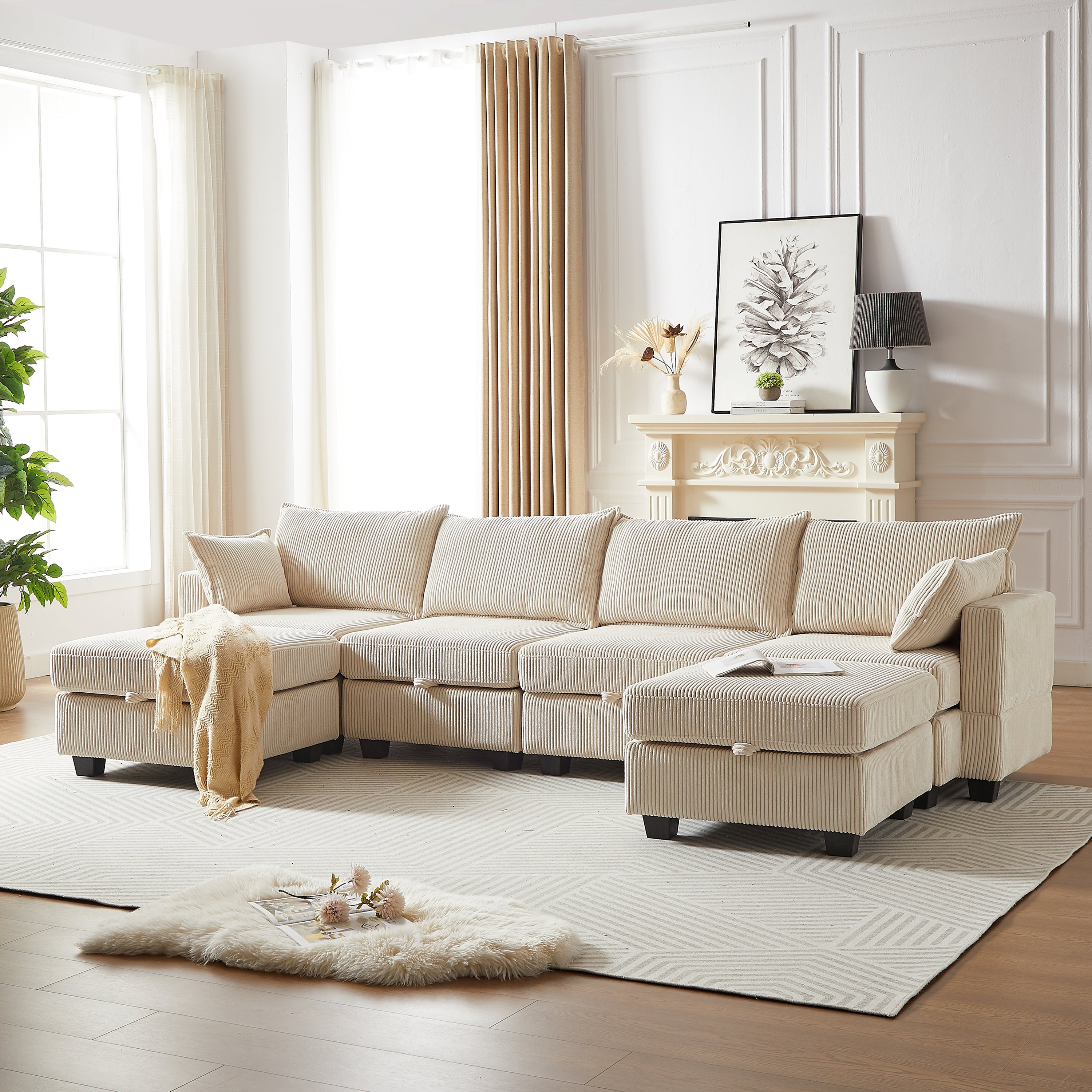 113.5'' Modular Sectiona Corduroy Sofa, Sectional Couches for Living Room U Shaped Sectional Couch with Storage Ottoman, 6 Seats Convertible Sectionals with Chaise