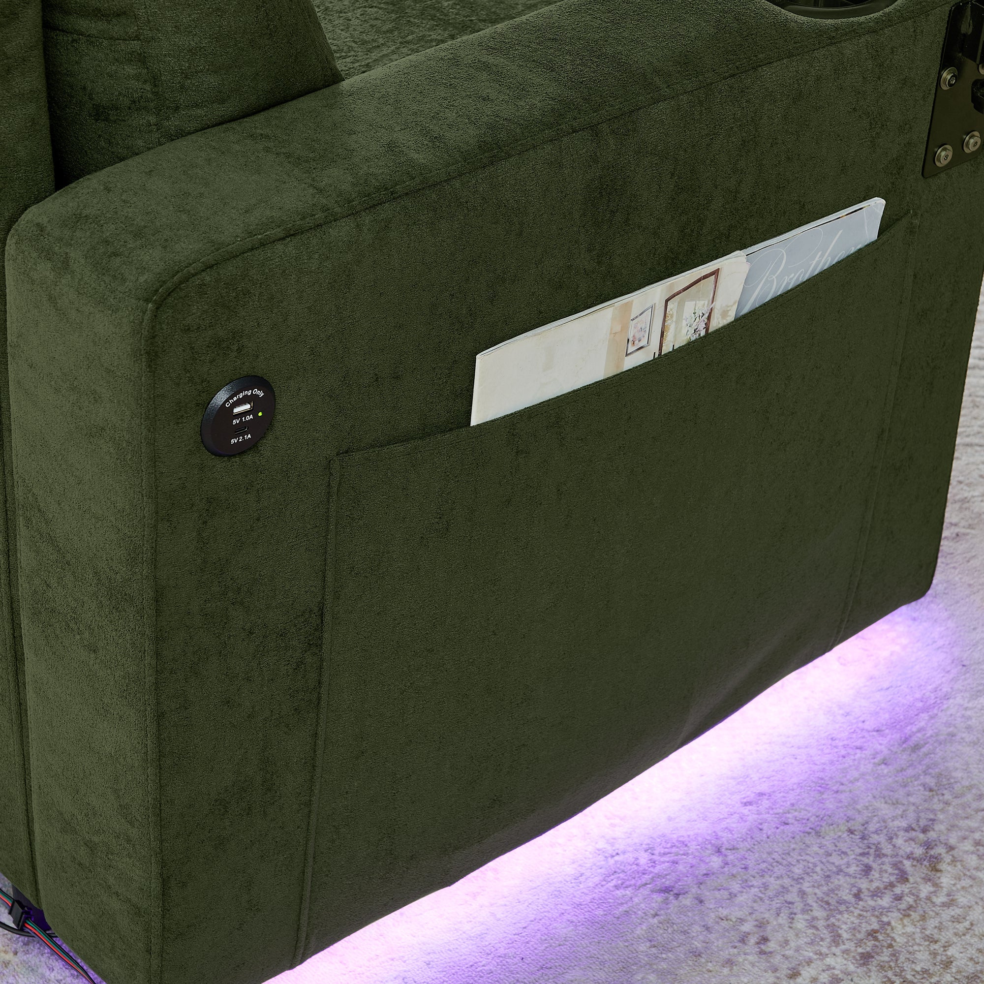 Modern Chenille Multi-functional Pull-Out Bed Sofa with Retractable Table and LED Lighting, USB Charging Ports and Cup Holders, Green