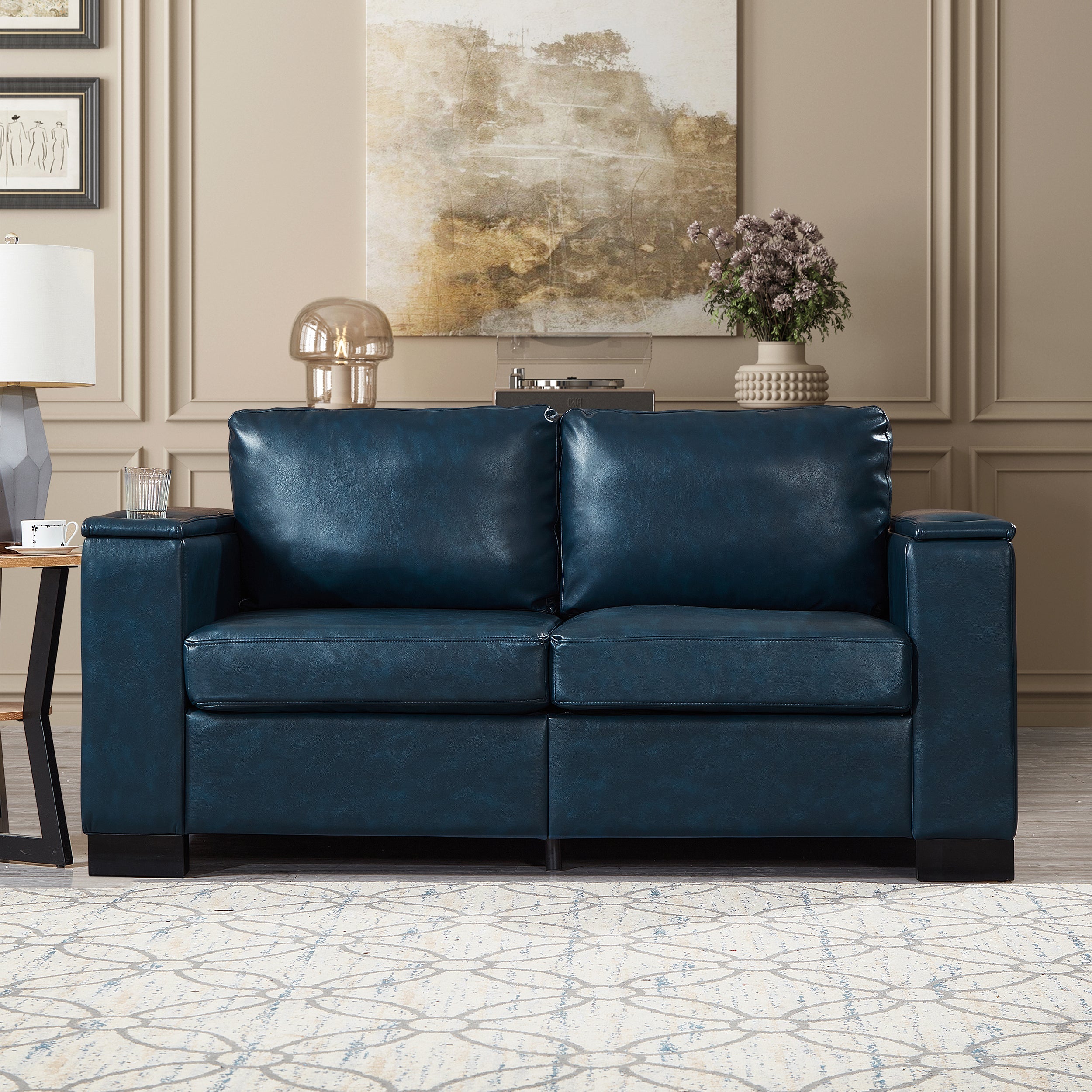 Two Pieces 2+3 seater Sofa Modern Style Living Room Sofa Faux Leather Couch,Square Arm Sofa with Cup Holder,Storage Sofa,Upholstered PU Leather Navy Blue