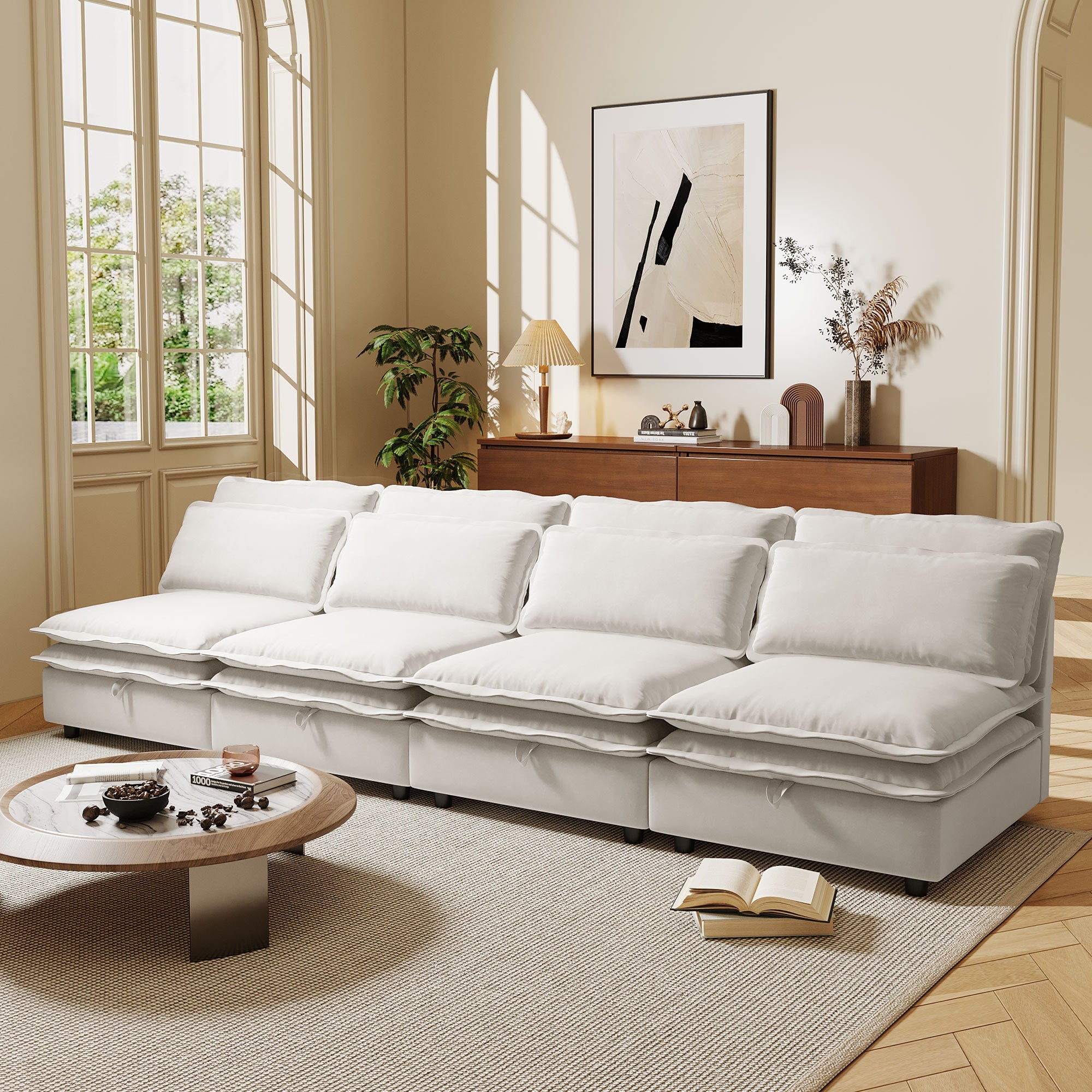 U_Style Double-Layer Cushion Modular Sofa, Freely Combinable, 4-Seater with Storage Function, Includes 4 Soft Cushions, Perfect for Living Rooms, Offices, and Apartments