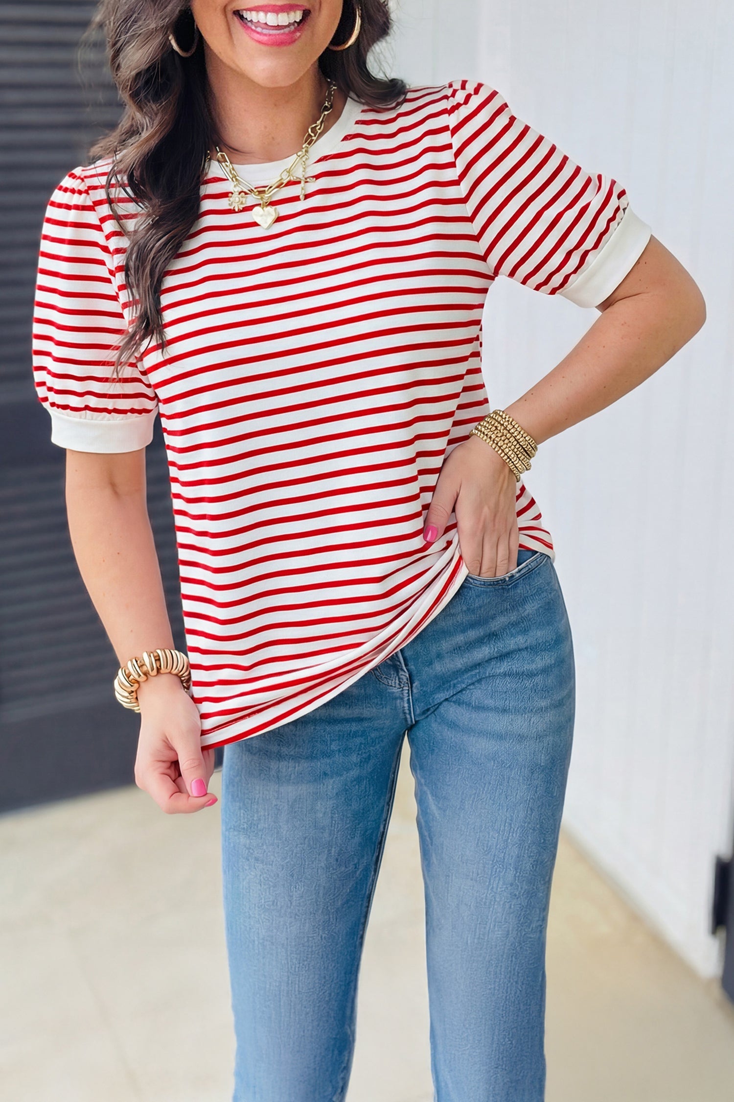 Stripe Contrast Trim Round Neck Puff Sleeve T-Shirt