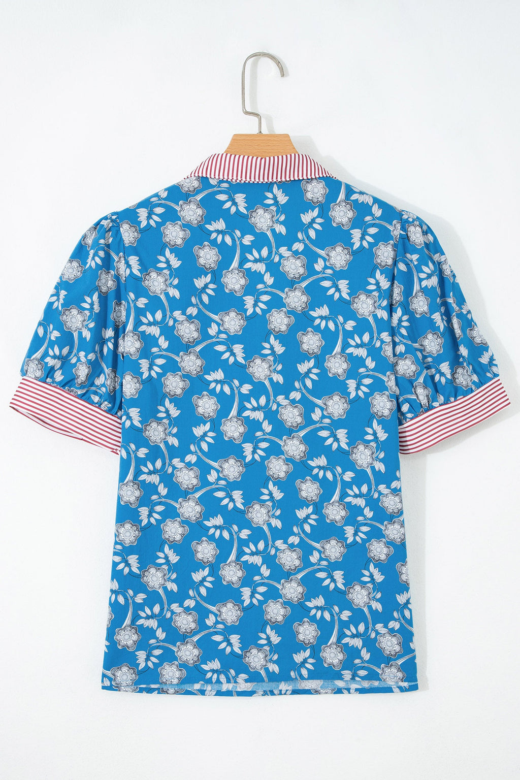 Floral Stripe Trim Button Neck Short Sleeve Blouse