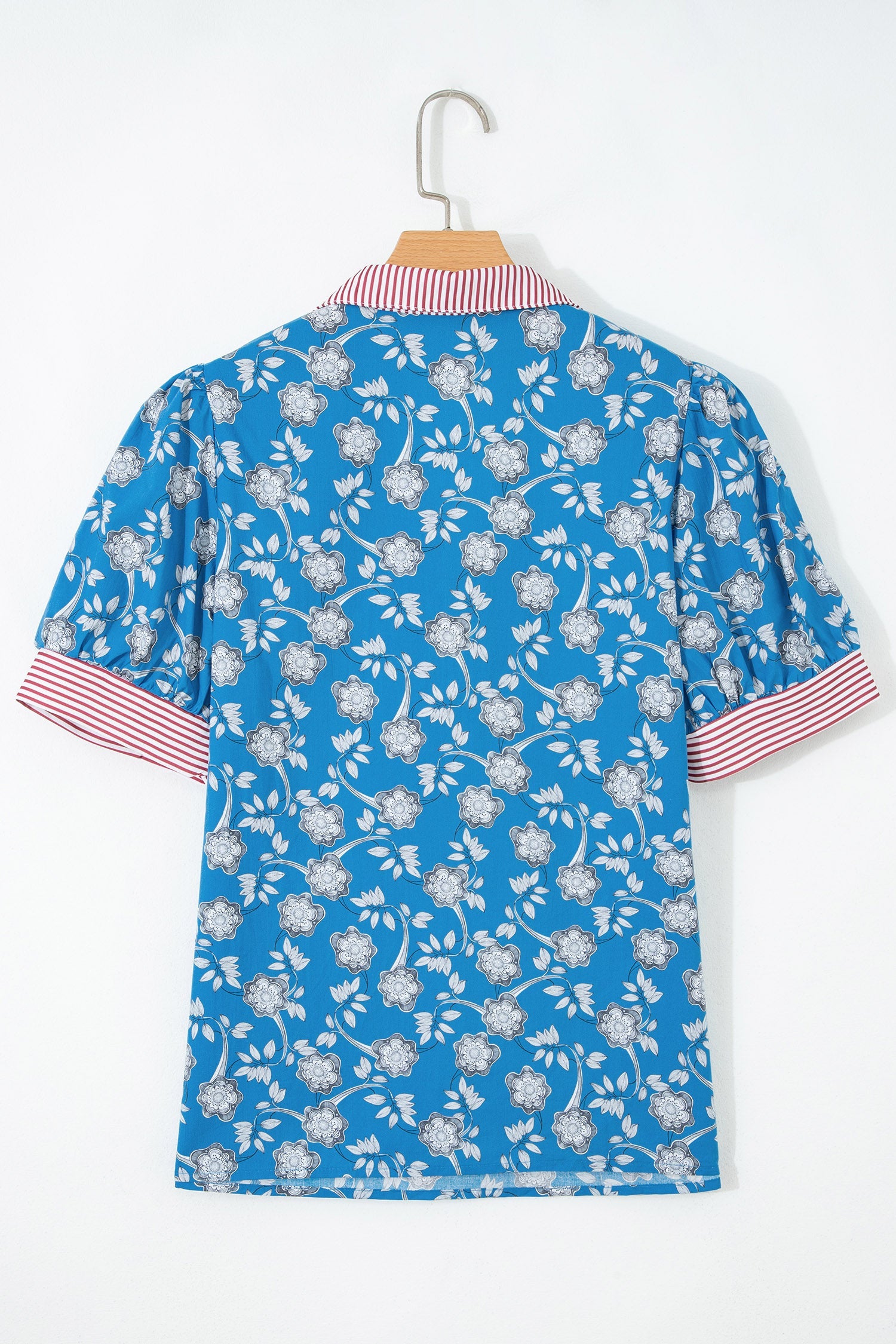 Floral Stripe Trim Button Neck Short Sleeve Blouse