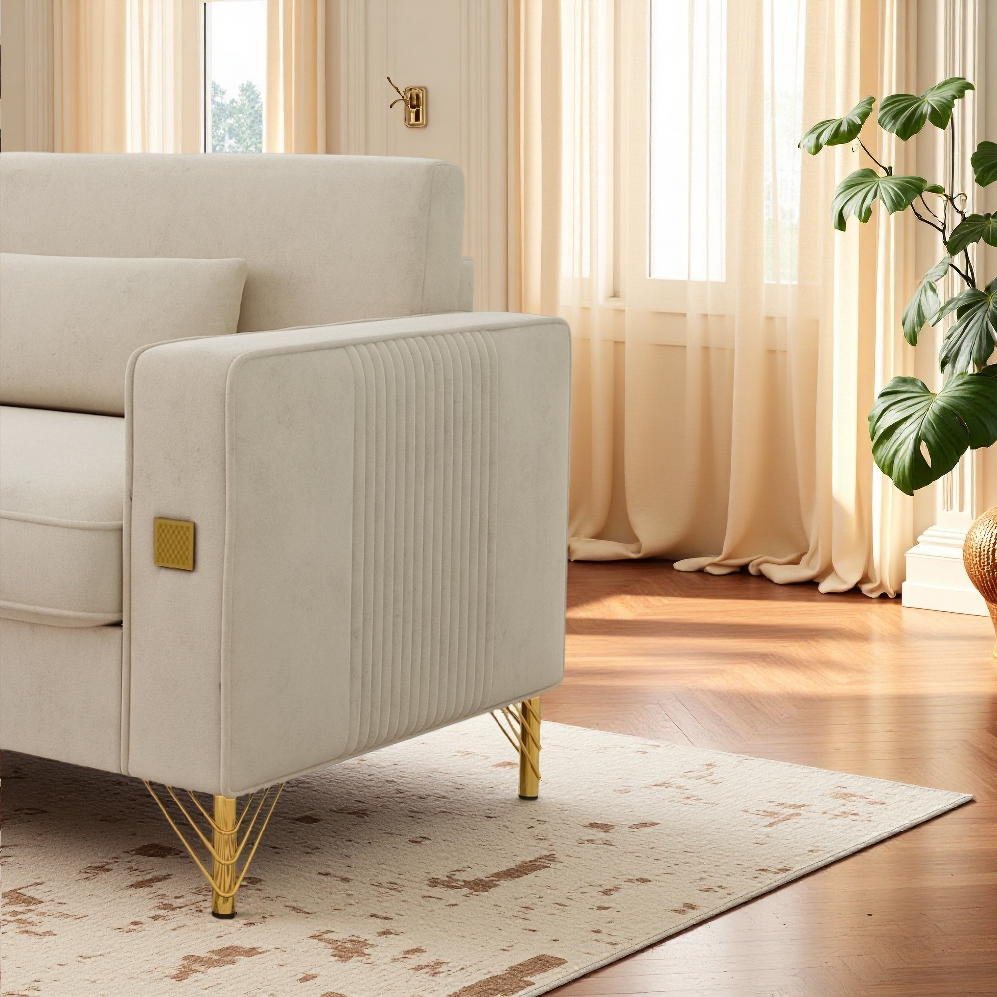 FX-P18-BE(SOFA)Modern Beige Sofa Couch for Living Room, 85.83' Upholstered 3-Seater Sofa with Metal Legs & Pillows, Minimalist Style