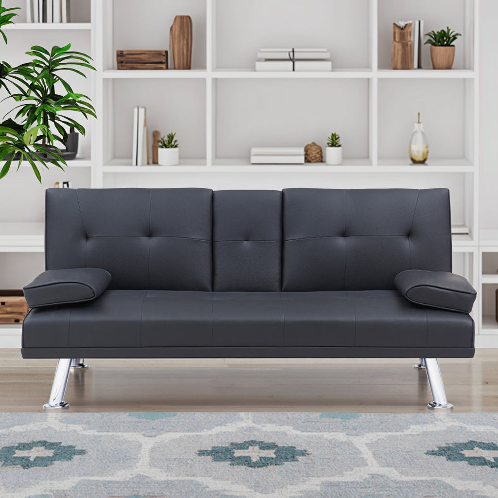 Black Leather Office Double Folding Sofa Bed with Matching Coffee Table, Multifunctional Design