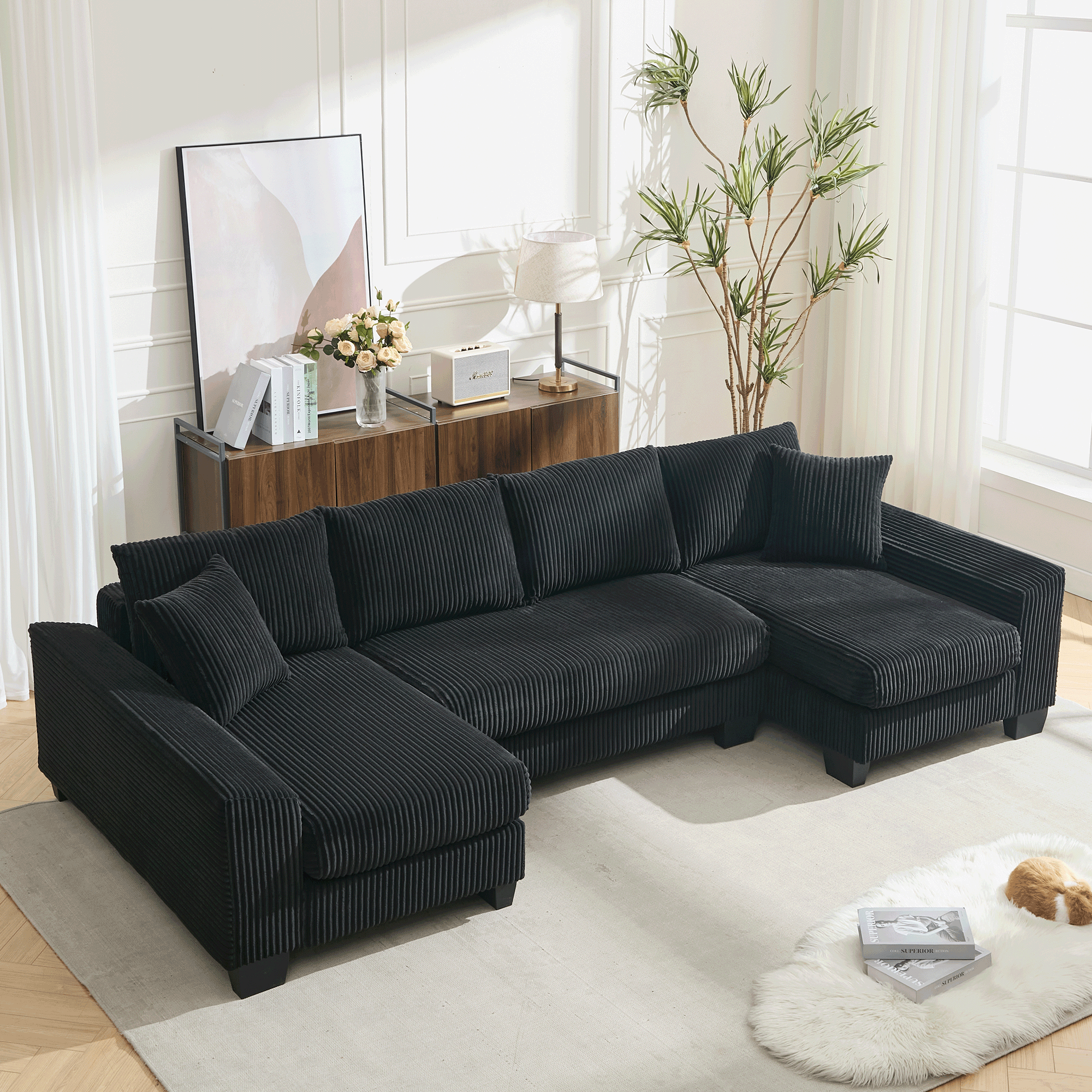 [NEW ARRIVED] [VIDEO PROVIDED]   114' Sleeper Sofa,U Shaped Sofa , Pull Out Bed,Convertible Oversize 2 in 1 Sleeper Sofa, Living Room,Upholstery Sofa Bed,Adjustable Sleeper Sofa,Corduroy,Black