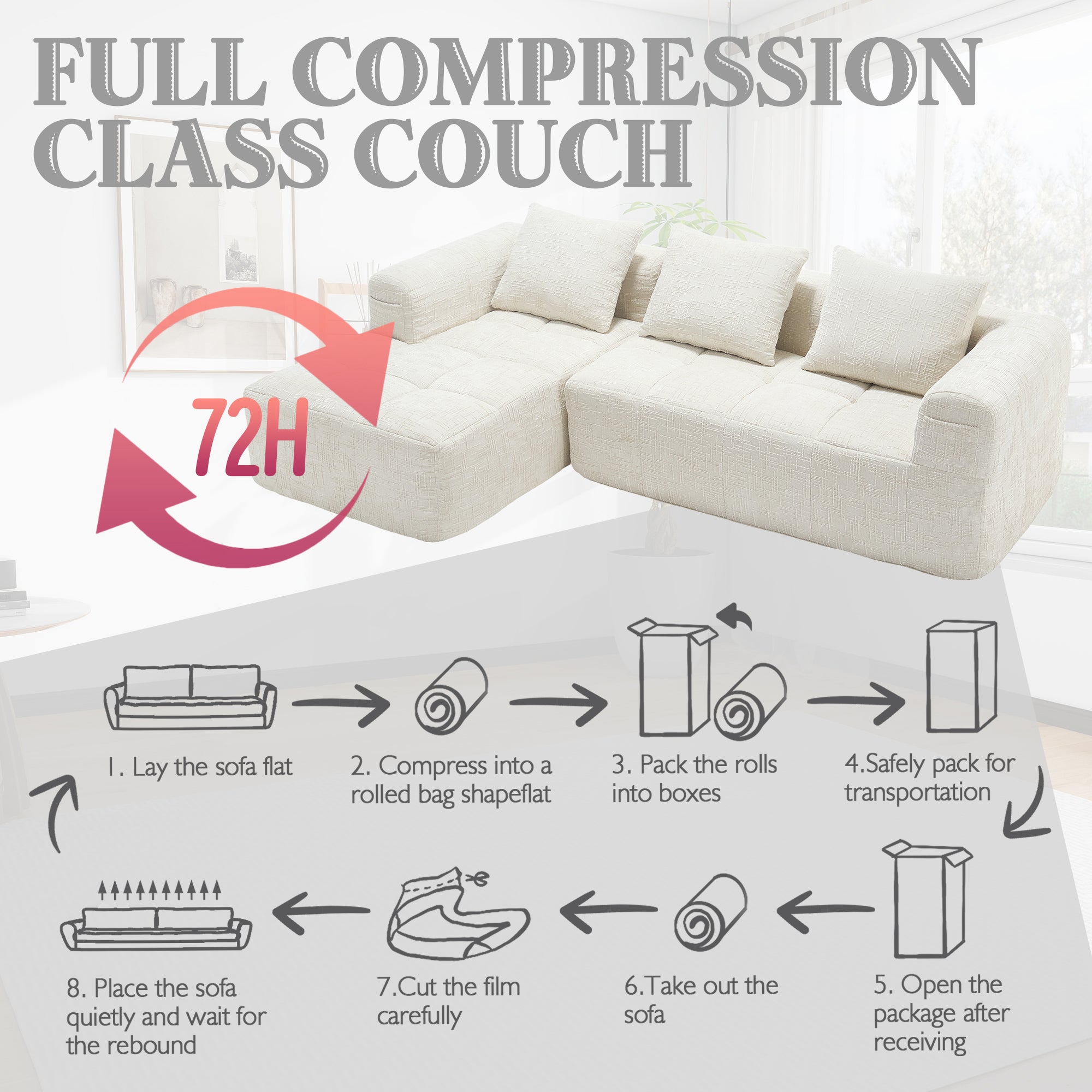 UNITED WE WIN 98.42-inch modular sectional sofa, modern modular L-shaped sofa with chaise longue, equipped with small side pockets and free of compression during installation.
