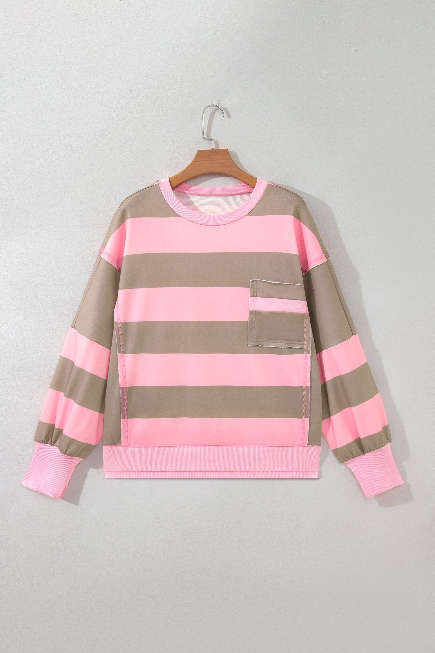 Stripe Colorblock Patch Pocket Long Sleeve Oversized Sweatshirt