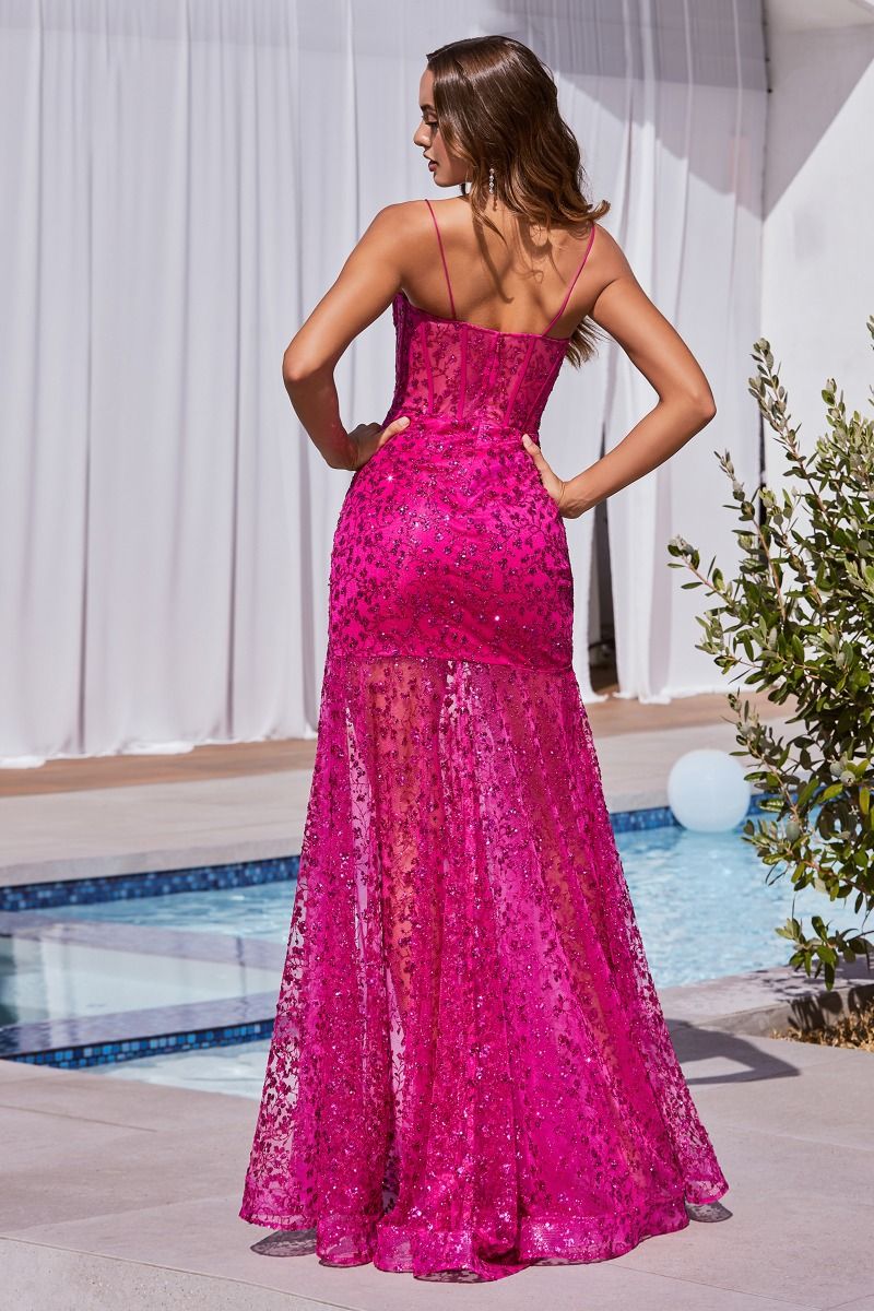 Sky Blue, Emerald Green, Hot Pink Sheer Corset Sequin Gown with Slit CDC155