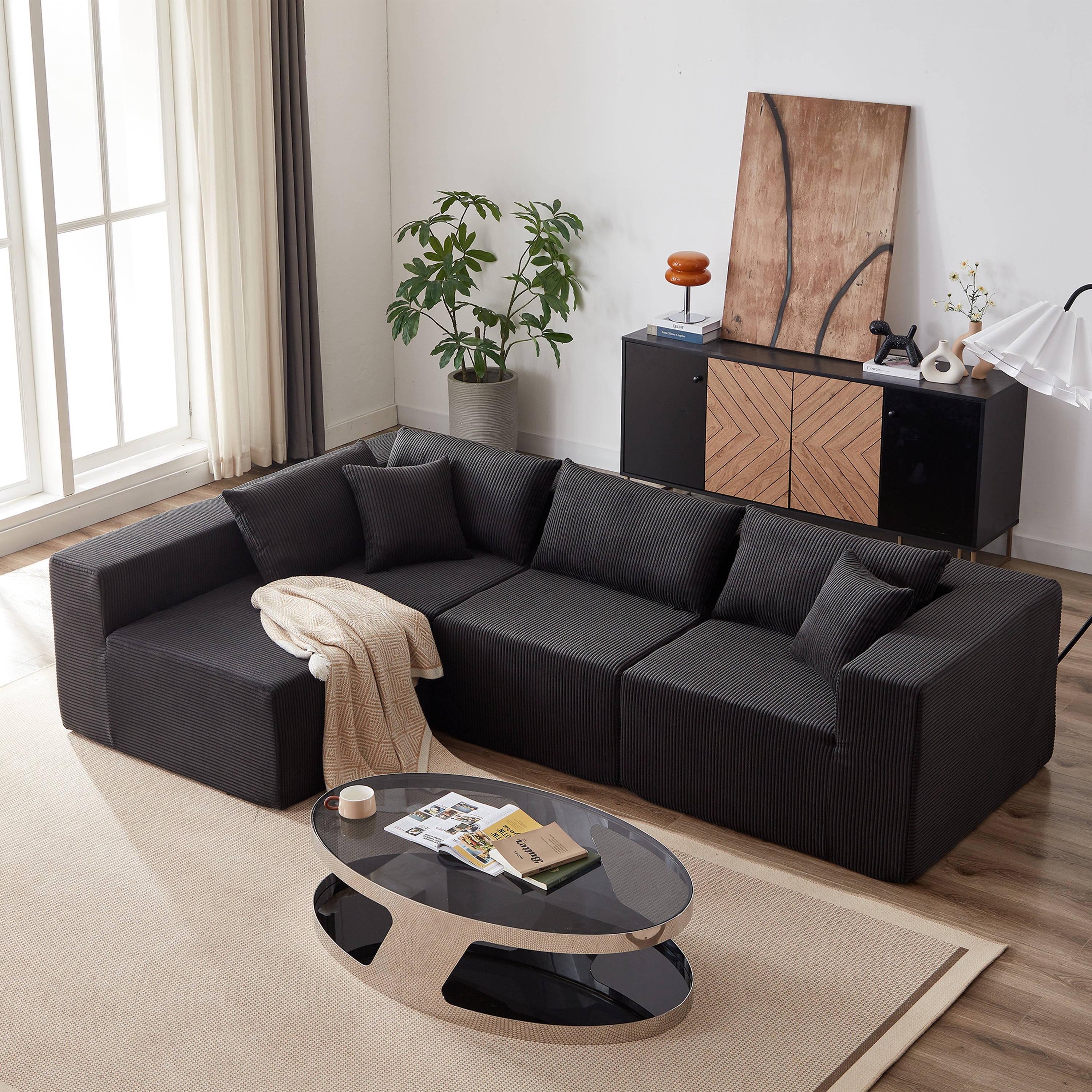 104-Inch Corduroy  Modular L Shaped Sectional Sofa,Luxury Floor Couch Set,Upholstered Indoor Furniture,Foam-Filled Compressed Sofa for Living Room,Bedroom,4 PC Free Combination