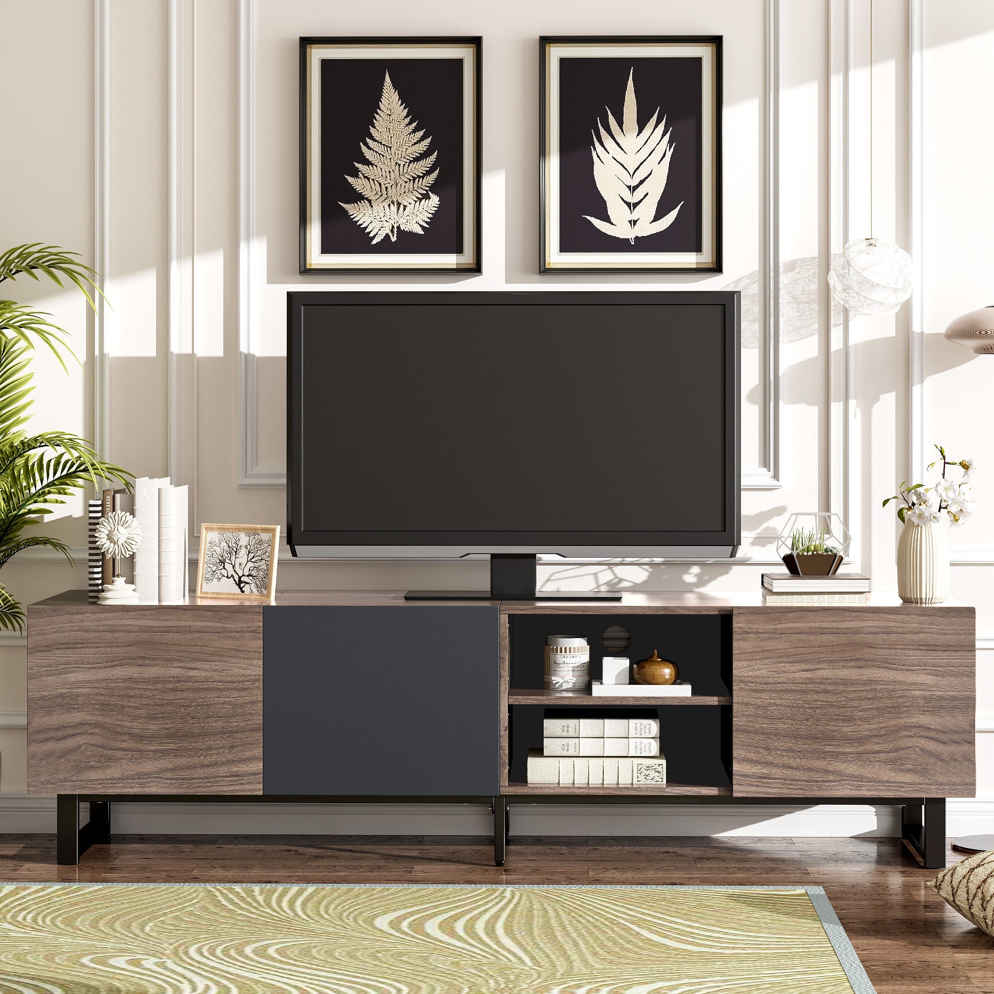 Modern TV with 3 Cabinets& Open Shelves, Color-matching Media Console Table for TVs up to 80'', Entertainment Center with Drop Down Door for Living Room, Bedroom, Home Theatre
