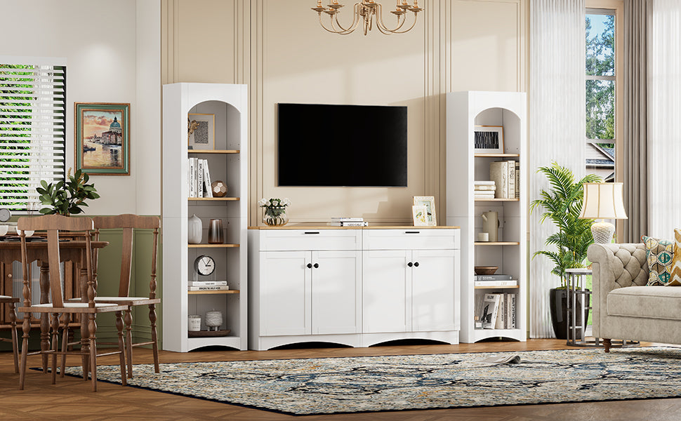 ON-TREND 3-Piece Farmhouse Entertainment Center with Storage Cabinet for TVs Up to 70', Mid-Century TV Stand with Bookshelf, Rustic Versatile Sideboard with Adjustable Shelves for Living Room, White