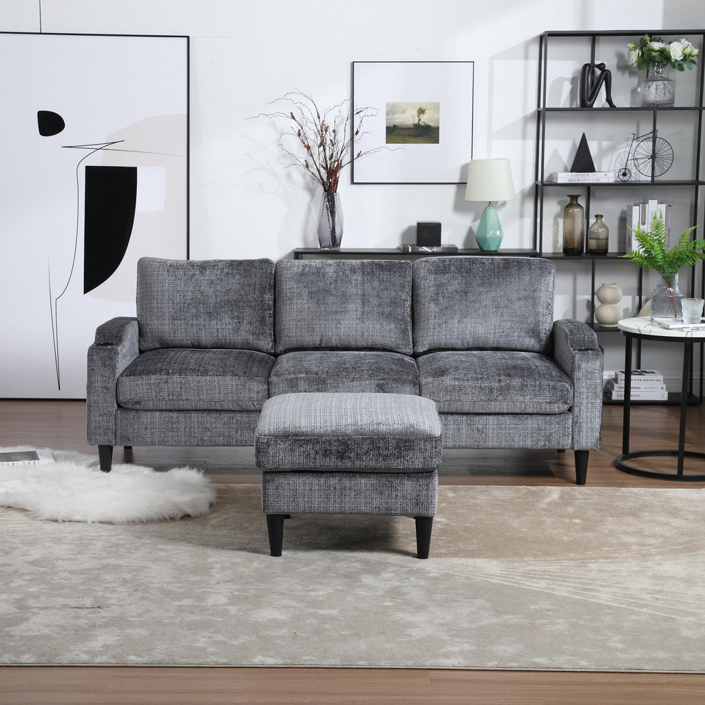 UNITED  WE WIN Sofa for three, solid wood frame, Chenille fabric, side pocket, with two cup holders, footstool with storagestorage sofa /Living room sofa cozy sectional  sofa