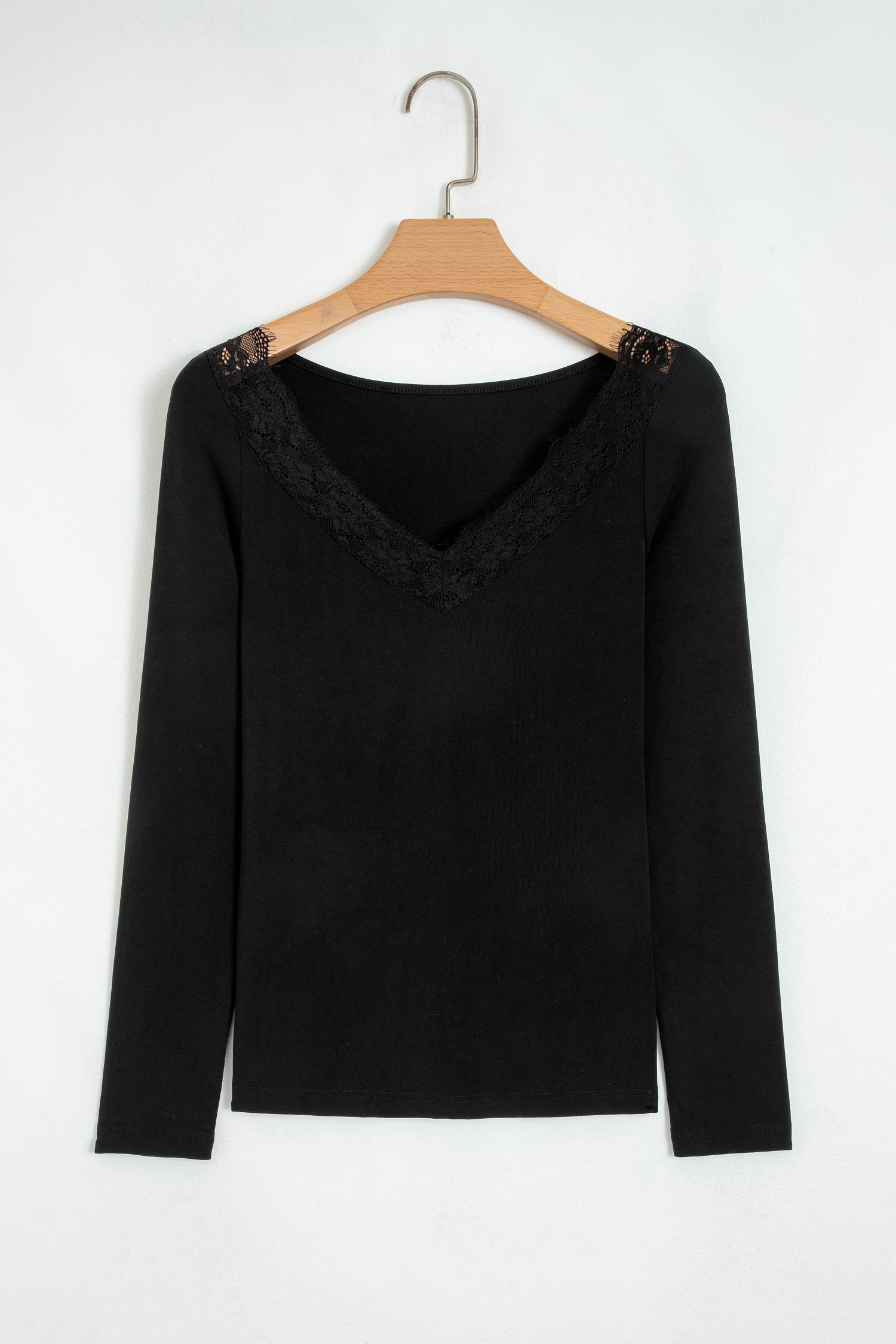 Solid Lace Trim V-Neck Long Sleeve Top