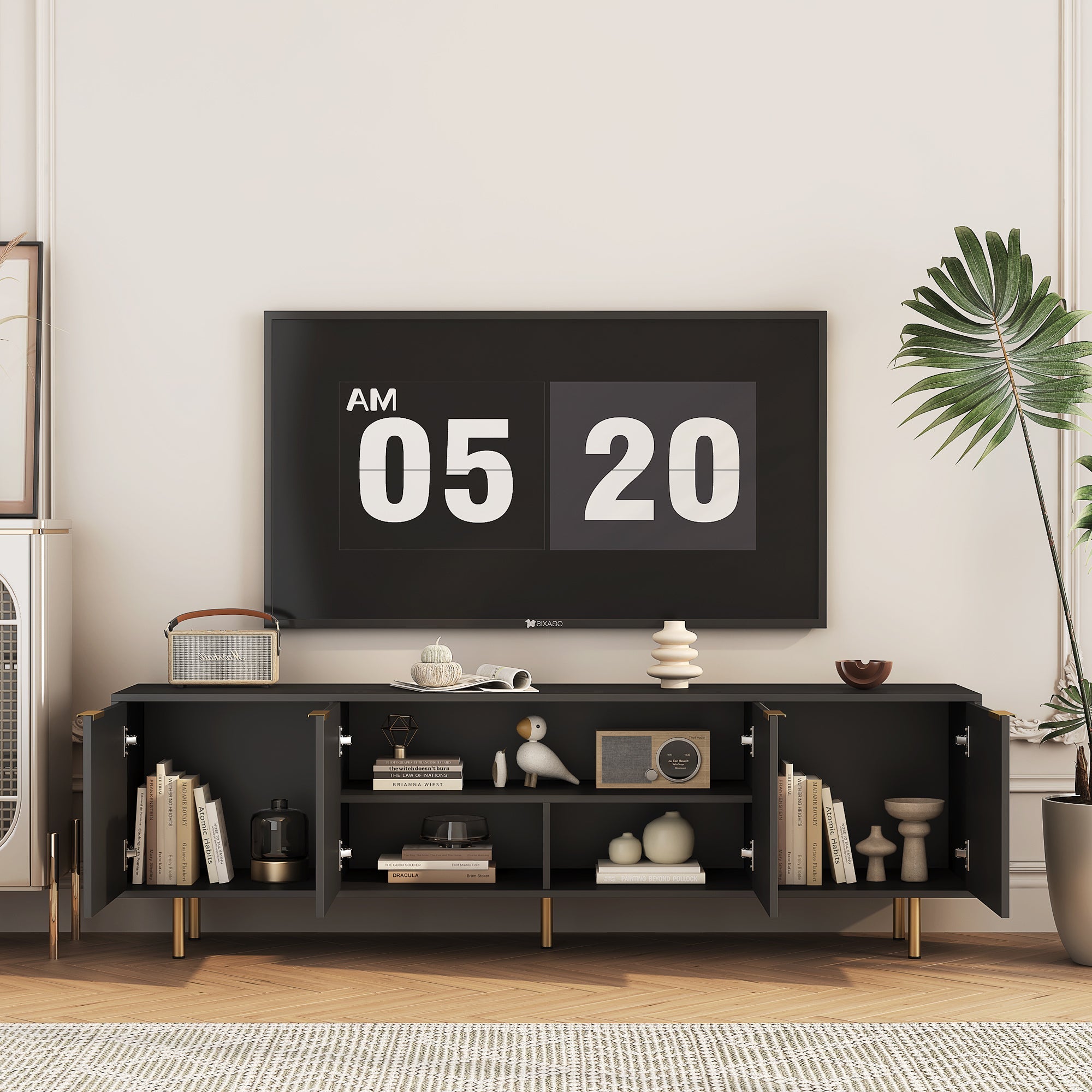 Black  Modern TV Stand Fluted 68' , Entertainment Center with Storage Doors, TV Console Media Cabinet,  for 55+ Inch TV, Living Room