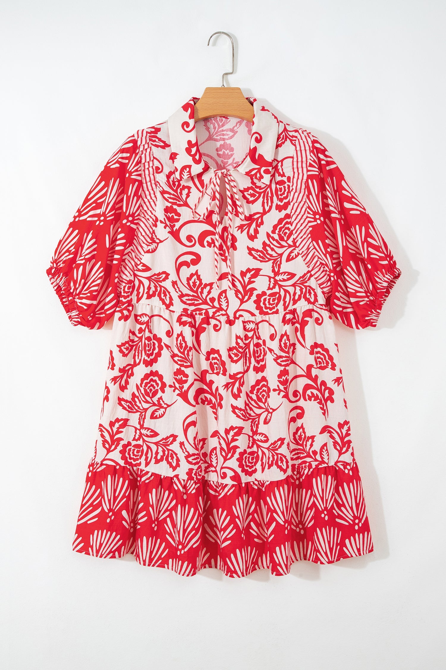 Flower V-Neck 3/4 Sleeve Collar Mini Dress