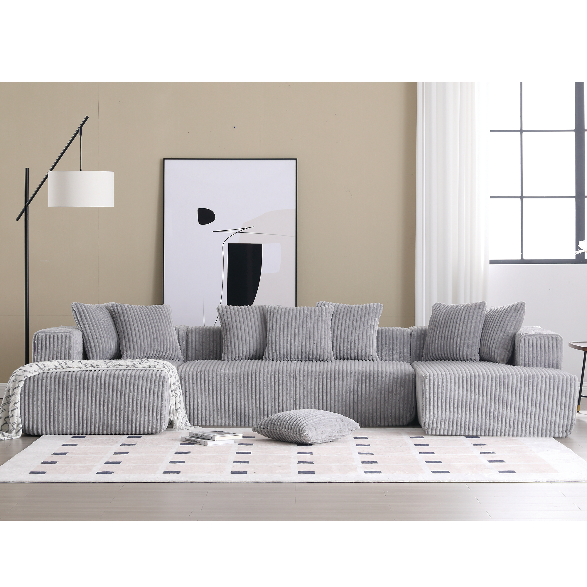 [NEW ARRIVED] [VIDEO PROVIDED]133.45'' Modular Sectional Couch, U-shaped sofa , Chaise Lounge, Striped fabric,Upholstered 4 Seater Couch for Living Room, Free Combination Sofa (Corduroy), Gray