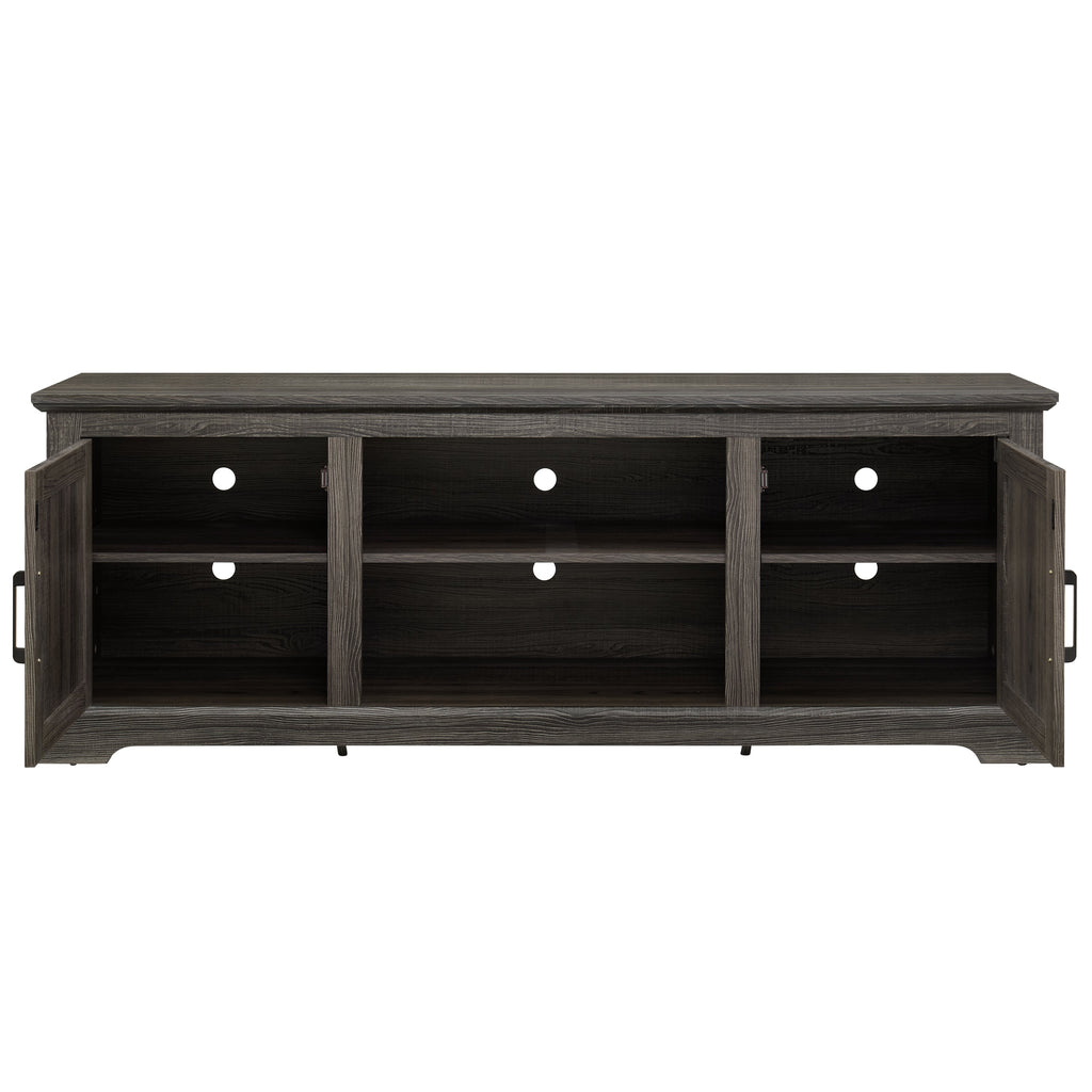 Farmhouse Rattan TV Stand Console Table for TVs up to 70 Inches, TV Console Table with 2 Storage Shelves, 2 Natural Rattan Door Cabinets, 65'W*15.55'D*23.86'H, Gray