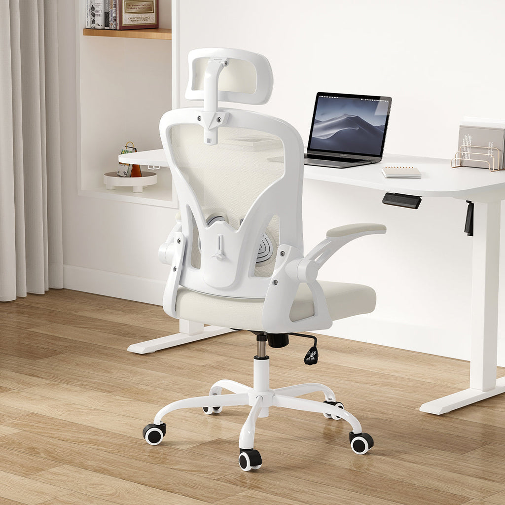 Ergonomic Office Chair, Home Office Desk Chair with Headrest, High Back Computer Chair with Armrests and Adjustable Lumbar Support for Home Office Study Room,White & White
