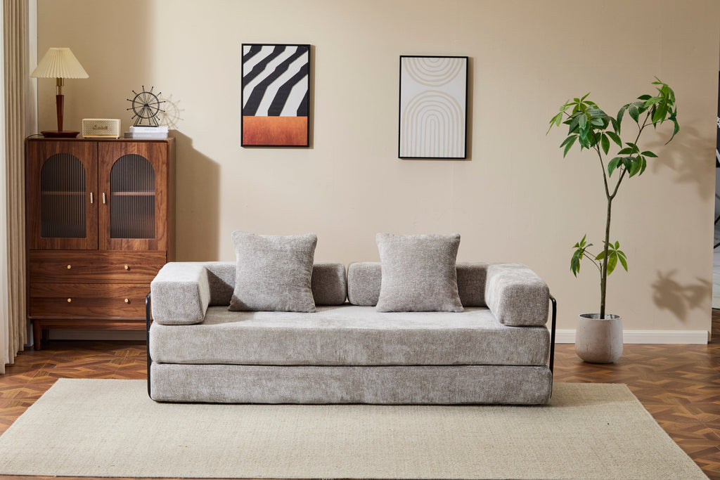 Floor Couch,Compression Sofa,Convertible Floor Sofa Bed-with Pillow Back Support Armrest,Comfy Futon Couch Lounge Sleeper Bed,Chenille fabric,for Living Room Bedroom (LIGHT-GREY)