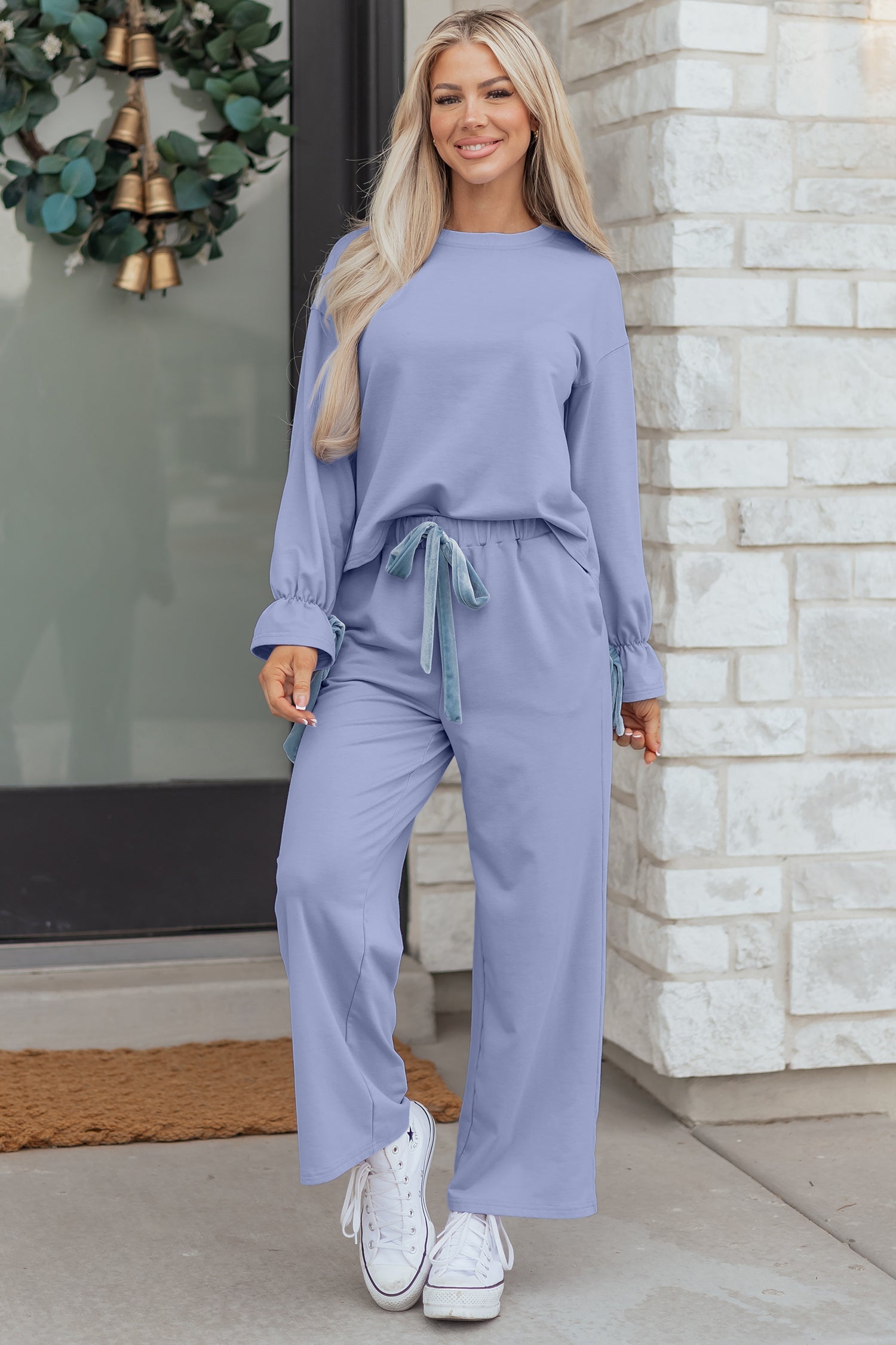 Flounce Long Sleeve Top and Drawstring Pants Set