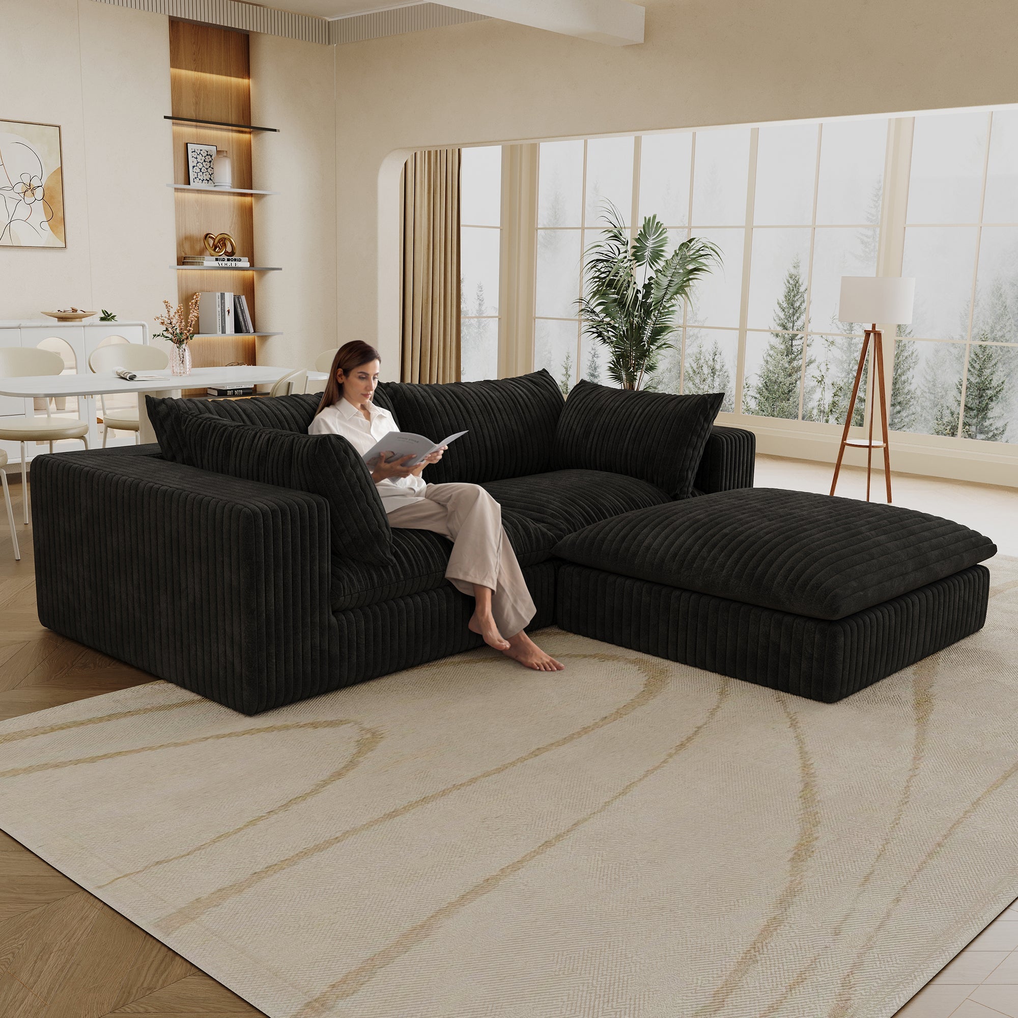 39.8' Cloud Sofa,Corduroy Fabric,Deep Seat Couches,Double-layer design,Removable  Cushion,No Assembly, DIY Combination for Living room, Bedroom,Conference room ,Apartment,Black
